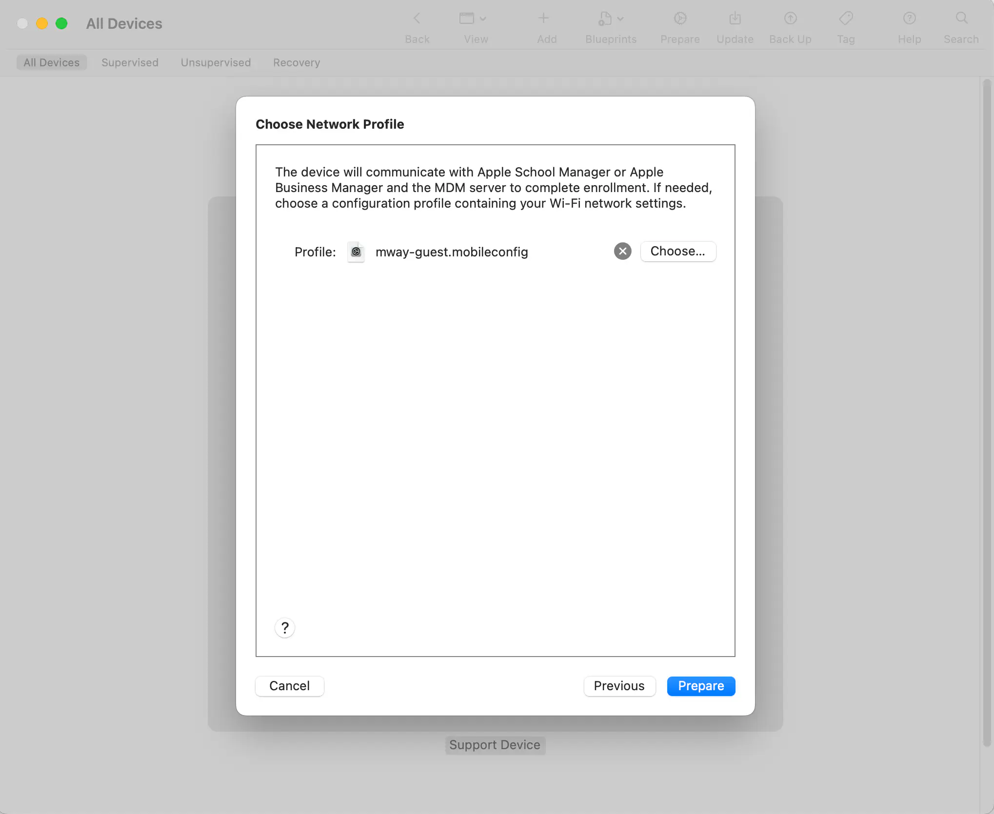 Apple Configurator 2 Wi-Fi profile selection to assign network for device internet access