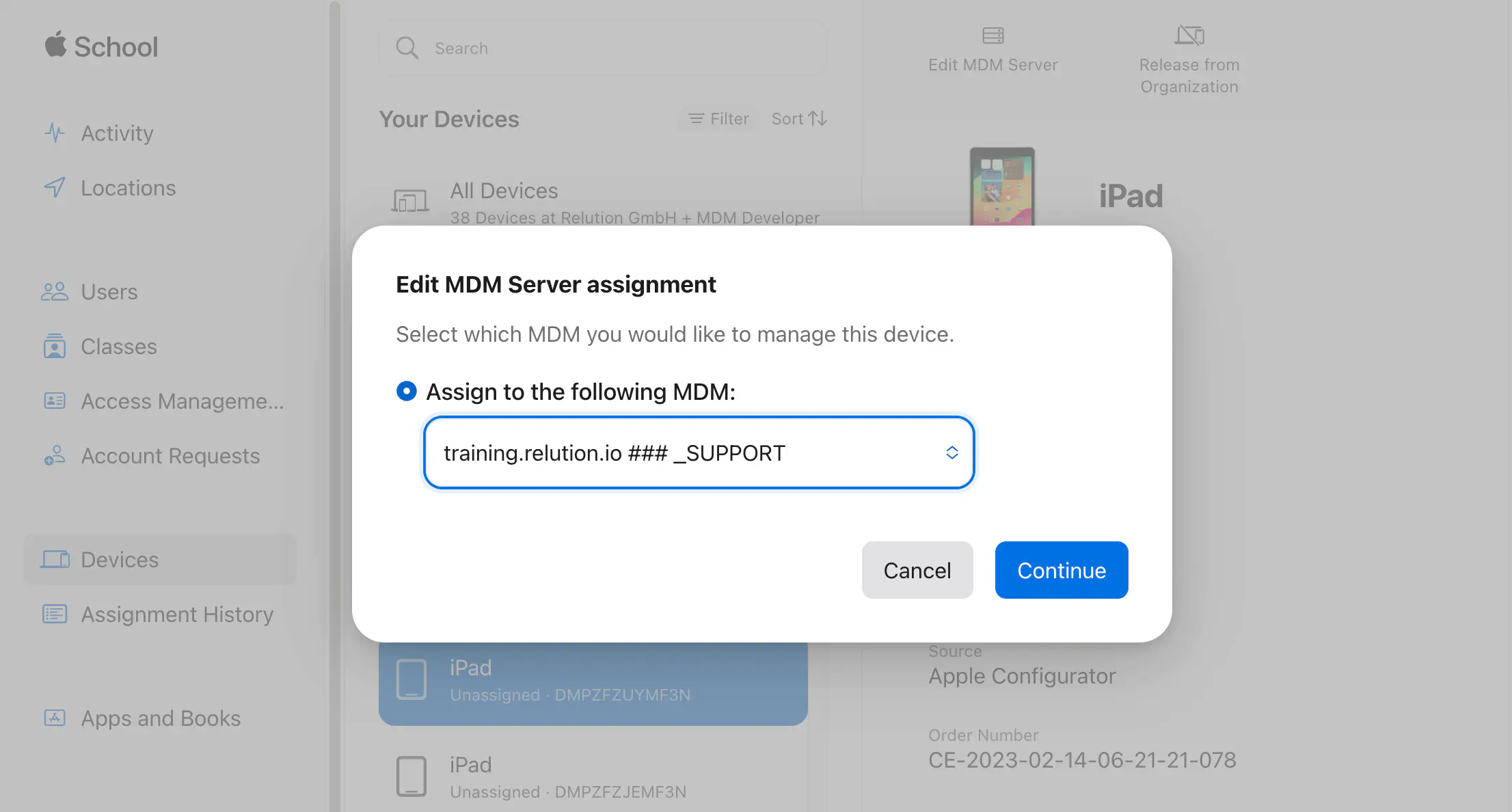 Apple School/Business Manager device assignment to MDM server after DEP enrollment