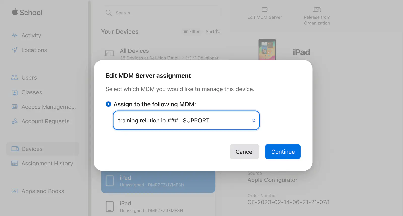 Apple School/Business Manager device assignment to MDM server after DEP enrollment