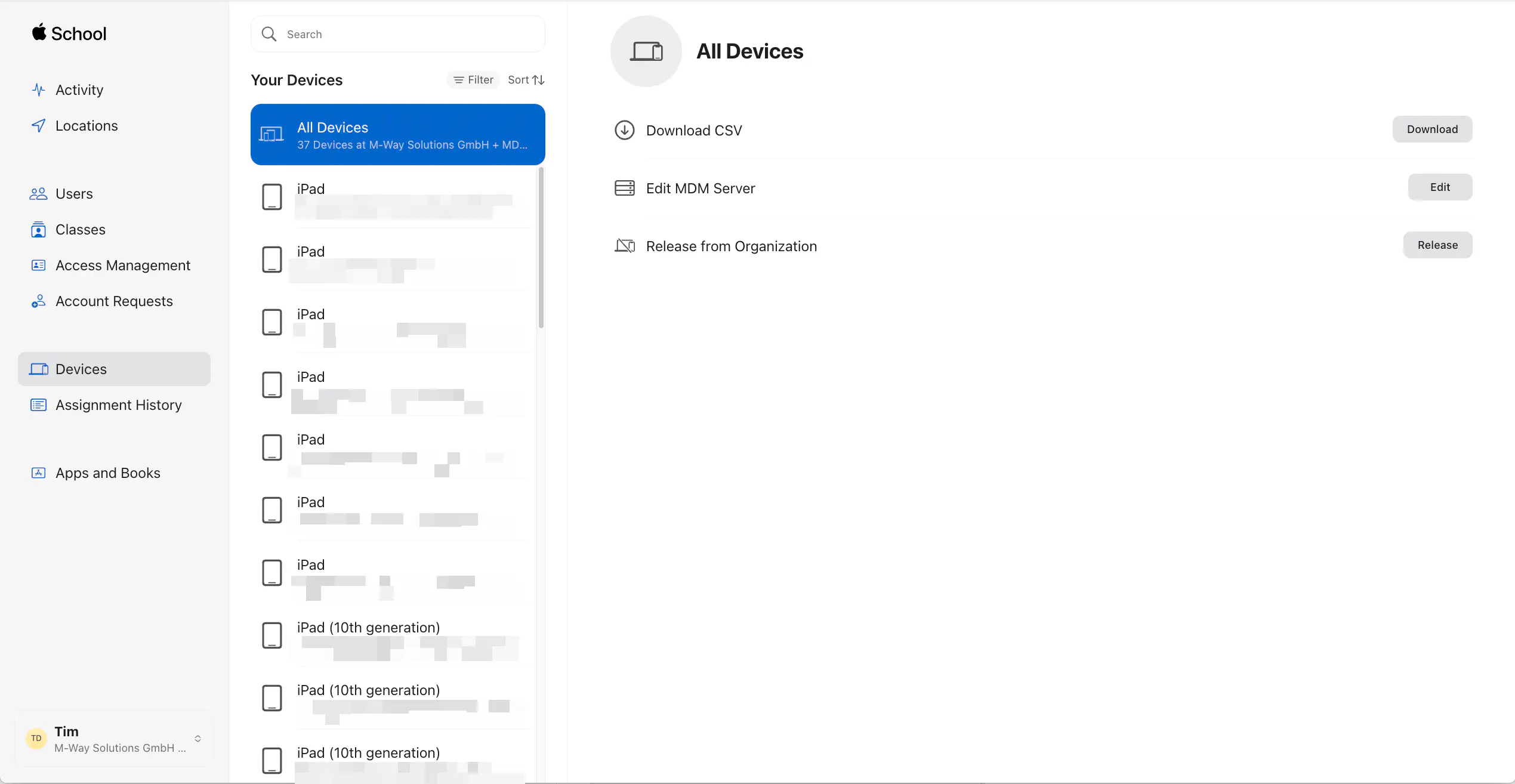 Vue des appareils dans Apple School Manager pour affectation au serveur MDM