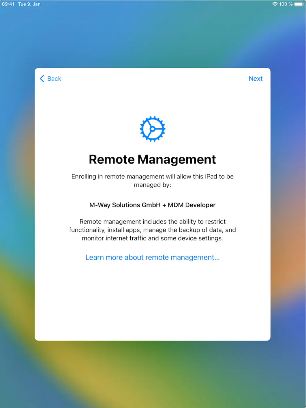 Étape finale de l’enrôlement DEP avec installation de l’agent Relution sur iOS