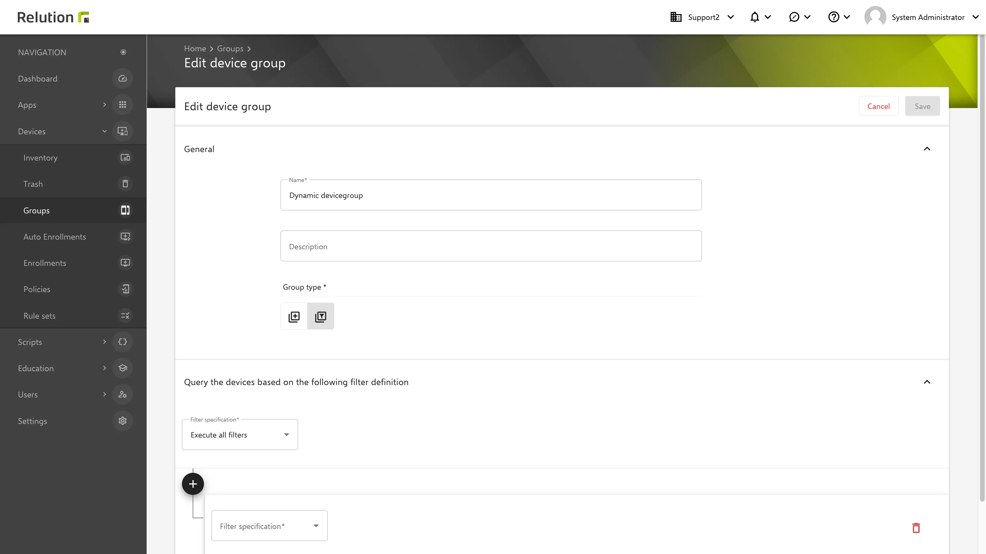 Dynamic device group filter criteria configuration in Relution