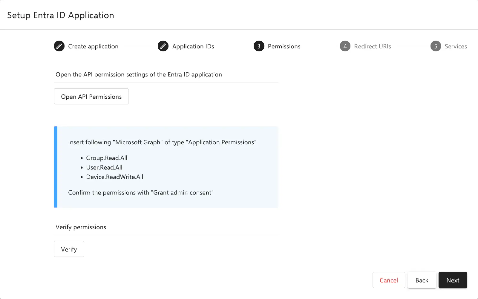Étape Autorisations de l’assistant Relution avec les autorisations Microsoft Graph requises