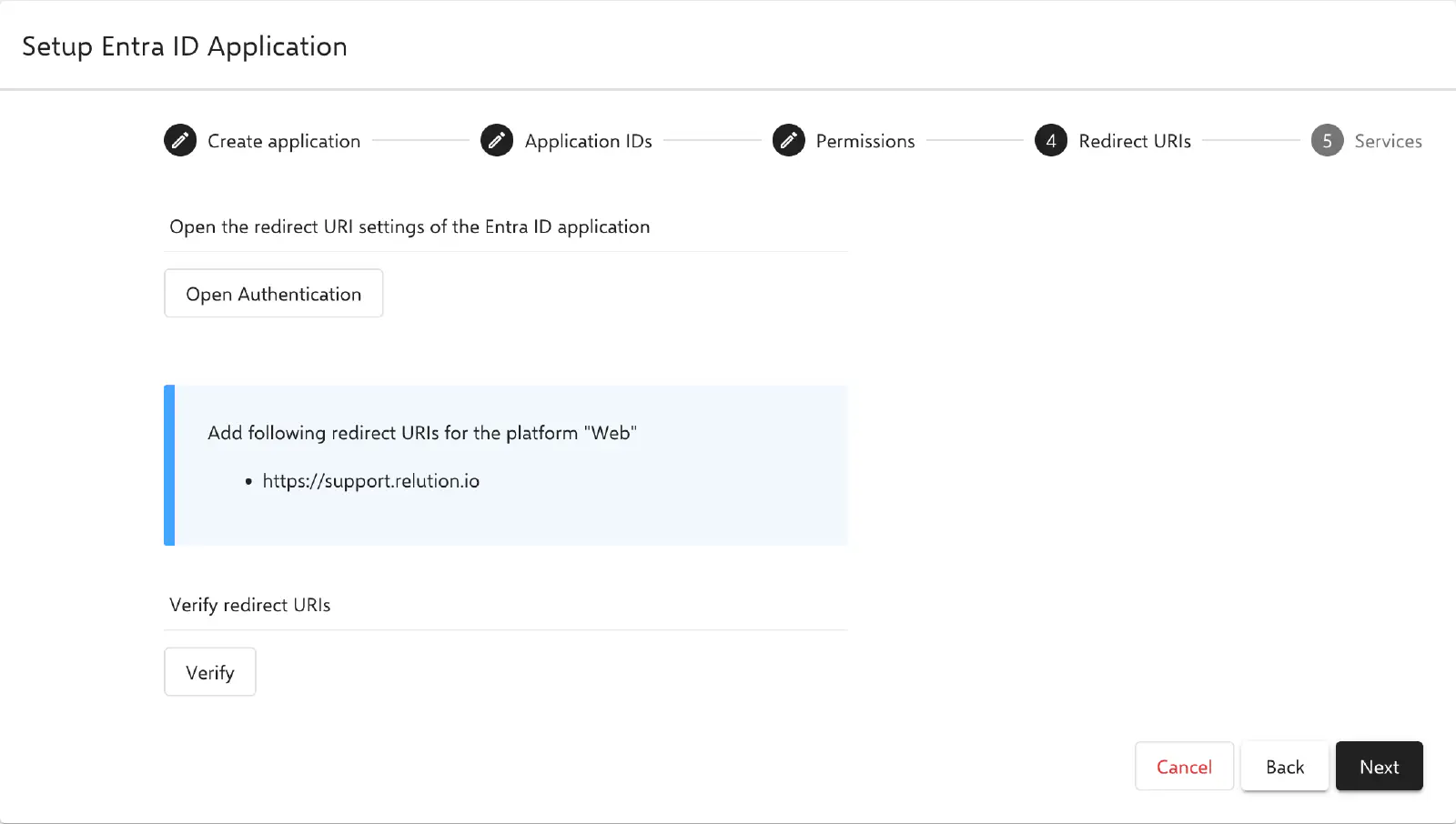 Étape URI de redirection de l’assistant Relution avec l’URI à saisir