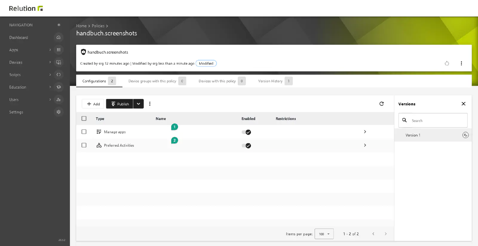 Politique Relution combinant les configurations Gérer les applications et Activités préférées