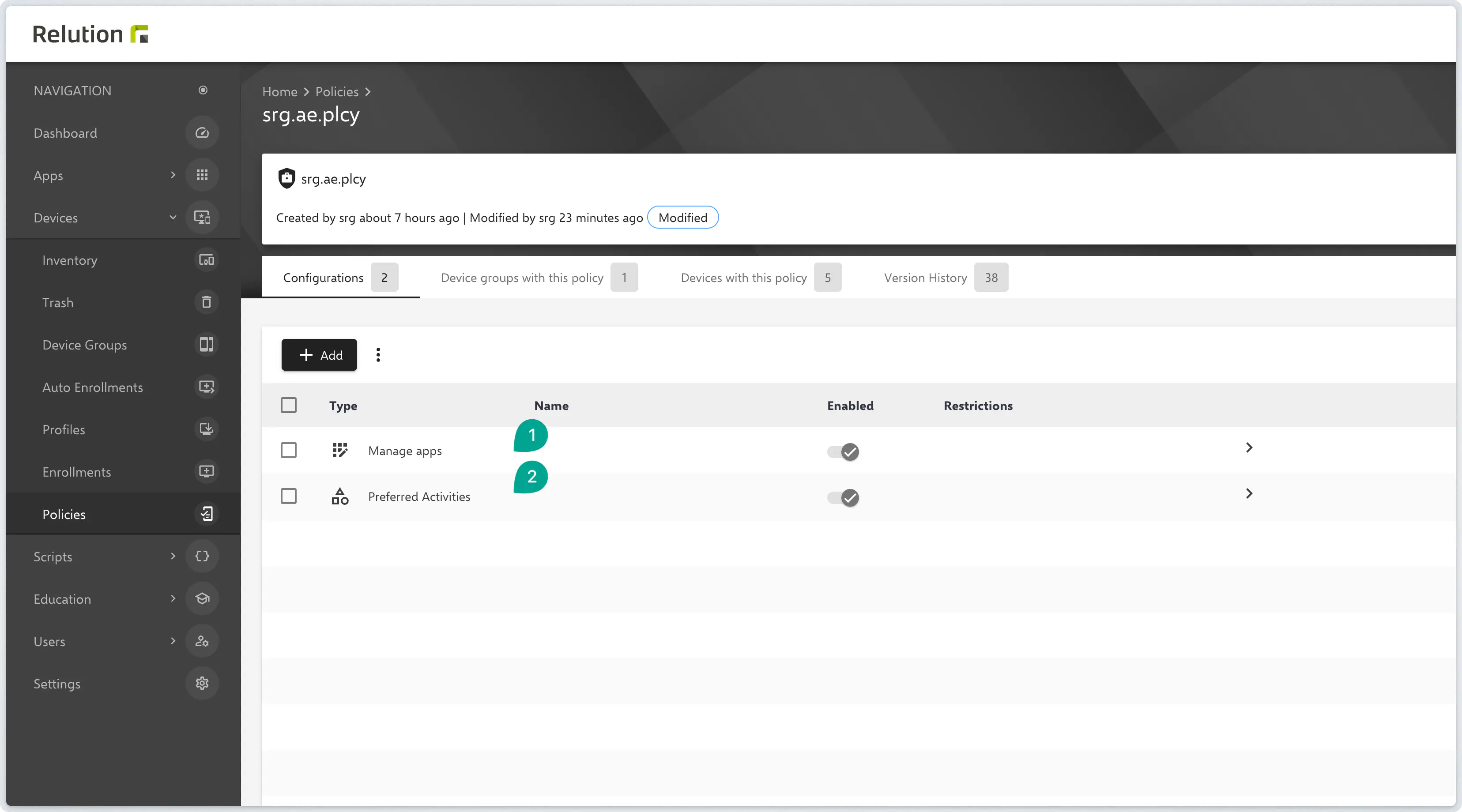 Relution policy combining Manage Apps and Preferred Activity configurations