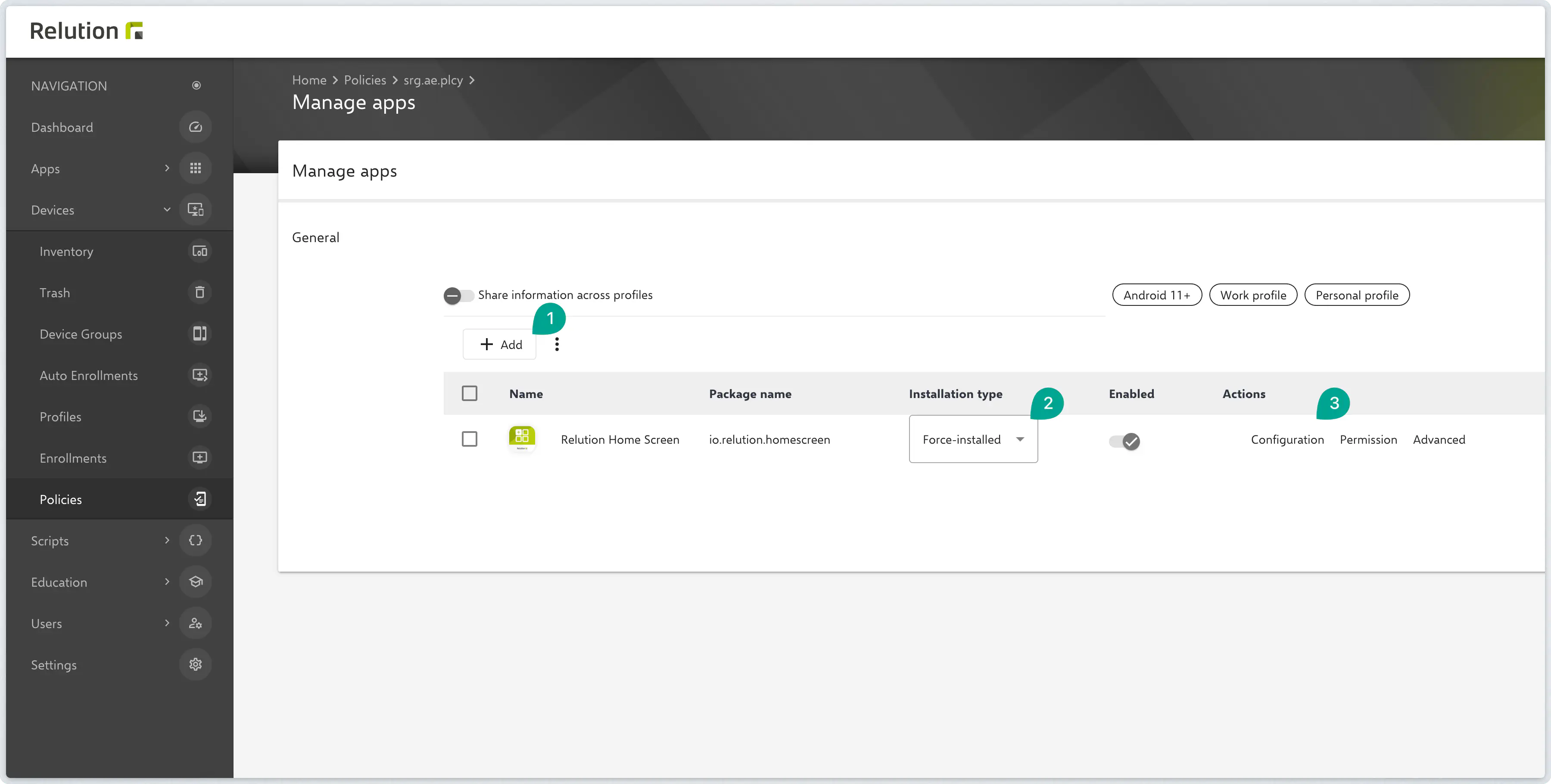 Adding Relution Homescreen app with Force Installation setting in Manage Apps