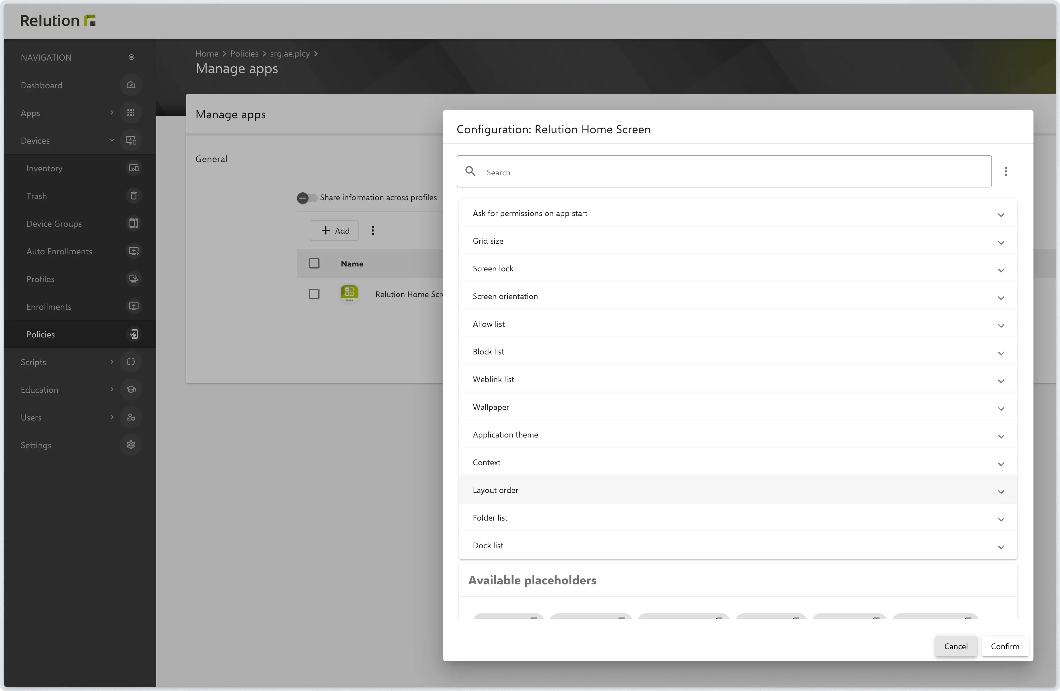 Relution Homescreen app configuration settings for layout and functions
