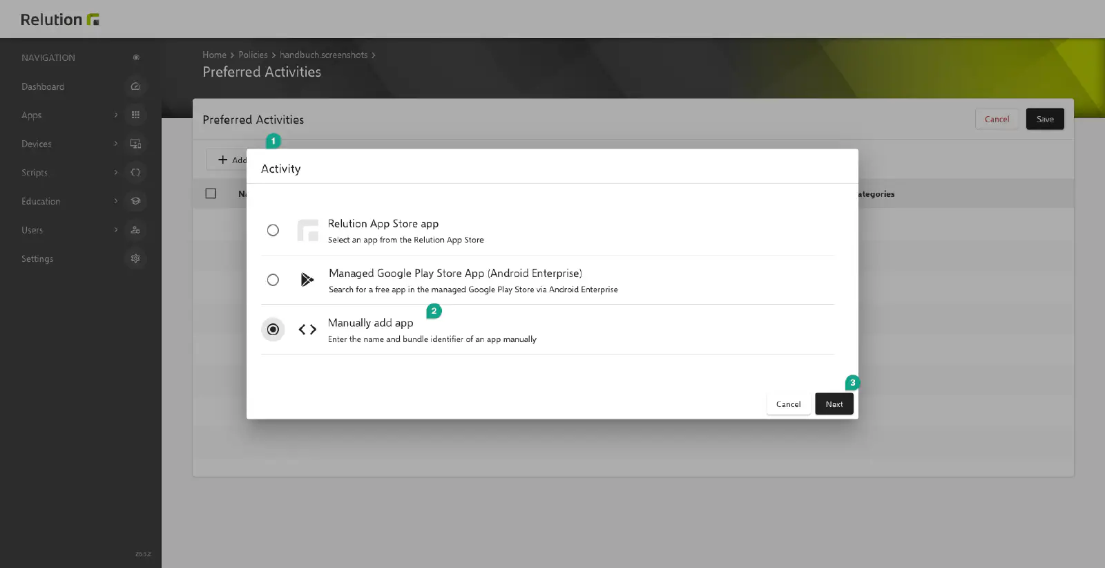 Configuration Activités préférées avec l’option Ajouter une application manuellement