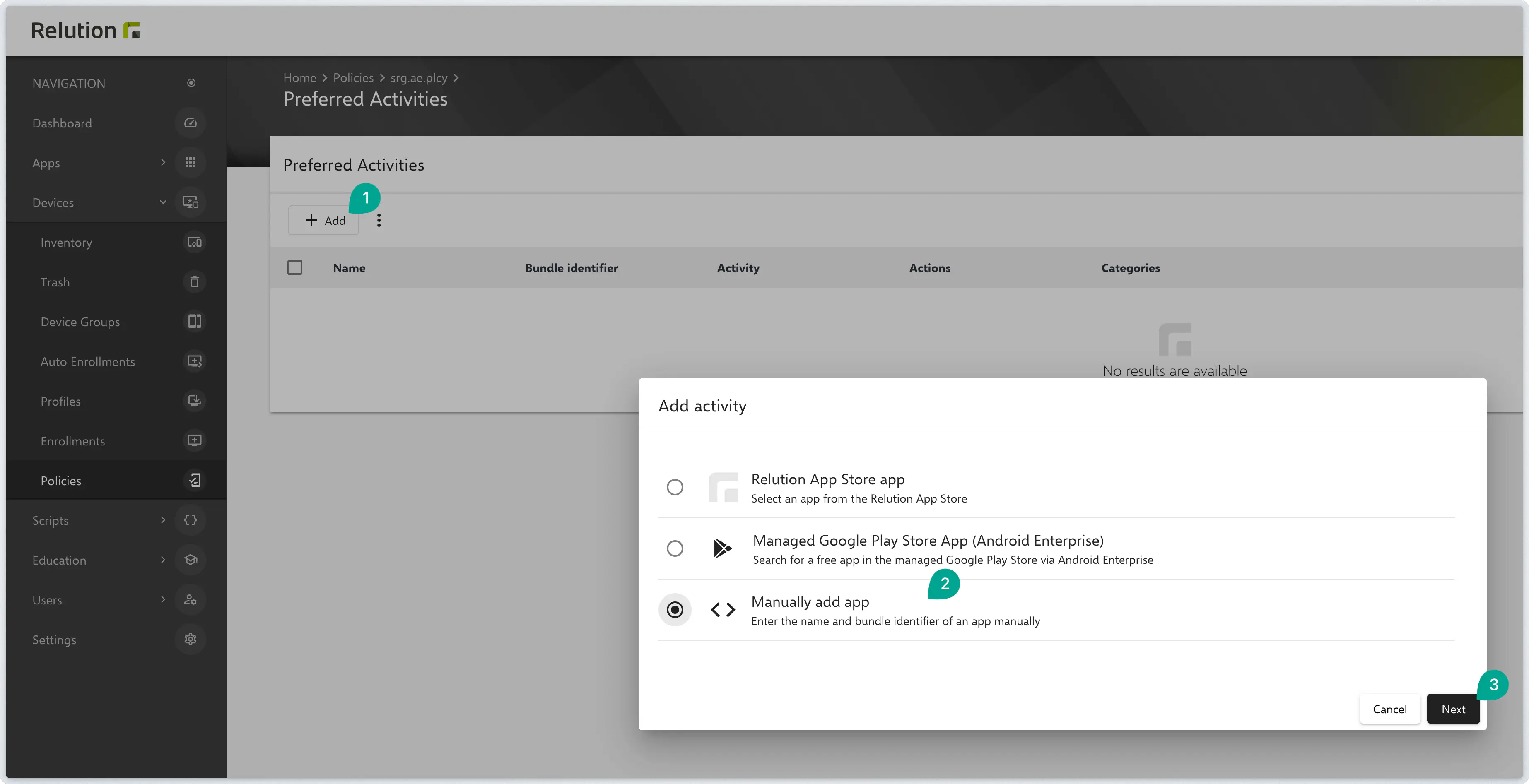 Preferred Activities configuration with Add app manually option selected