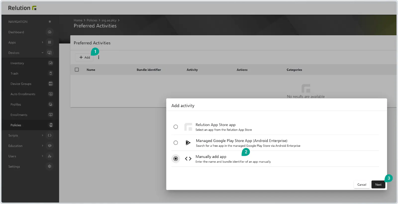 Preferred Activities configuration with Add app manually option selected