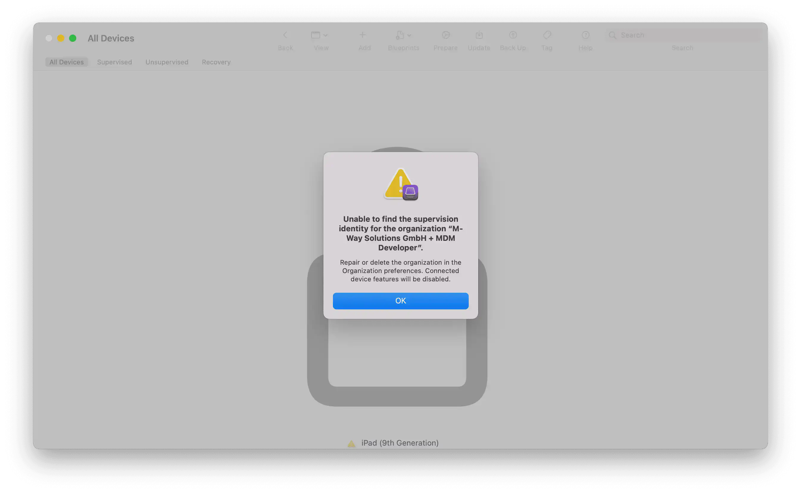 Warning about lock-in effect when blocking Mac/PC access via DEP profile in Relution