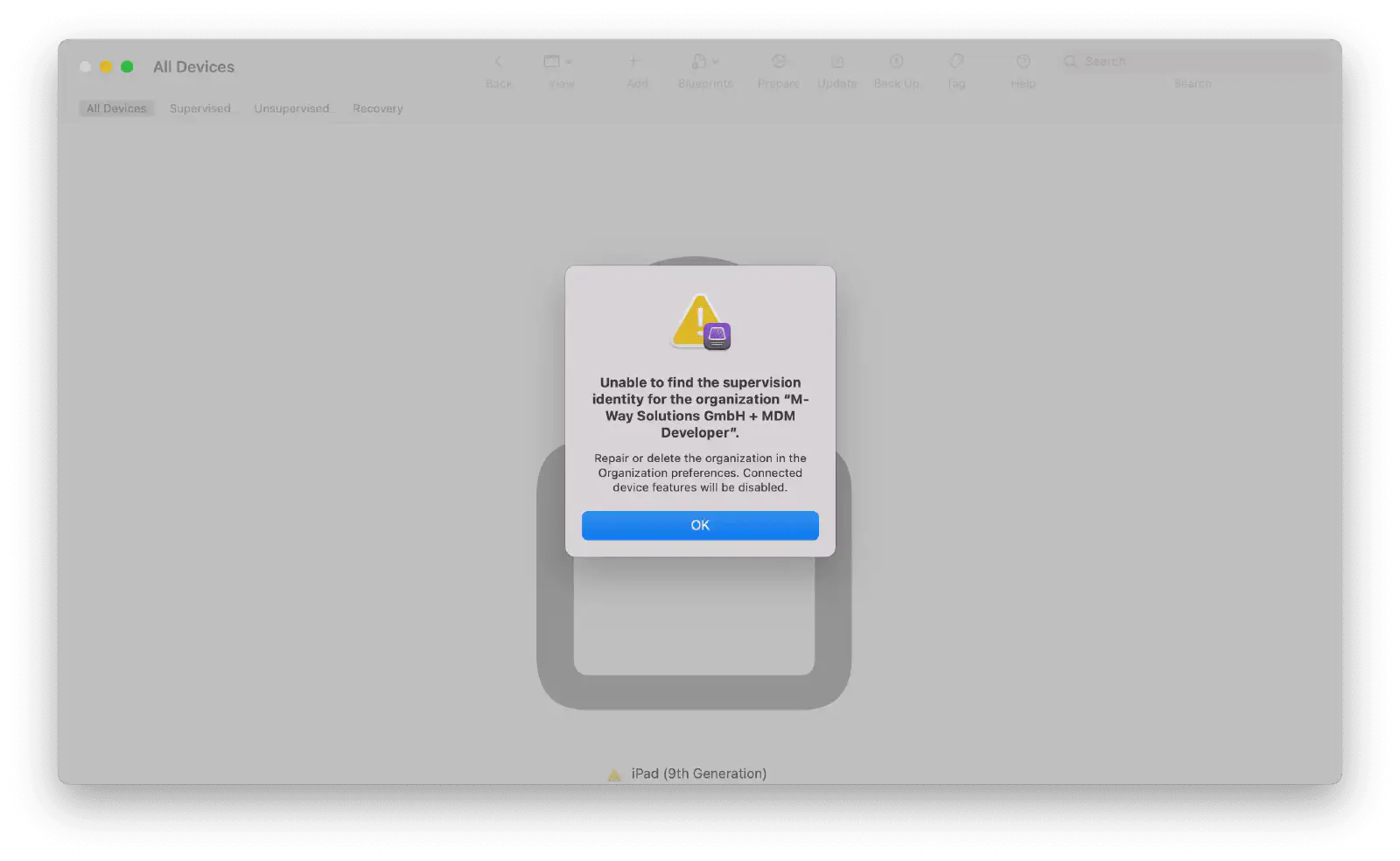 Warning about lock-in effect when blocking Mac/PC access via DEP profile in Relution