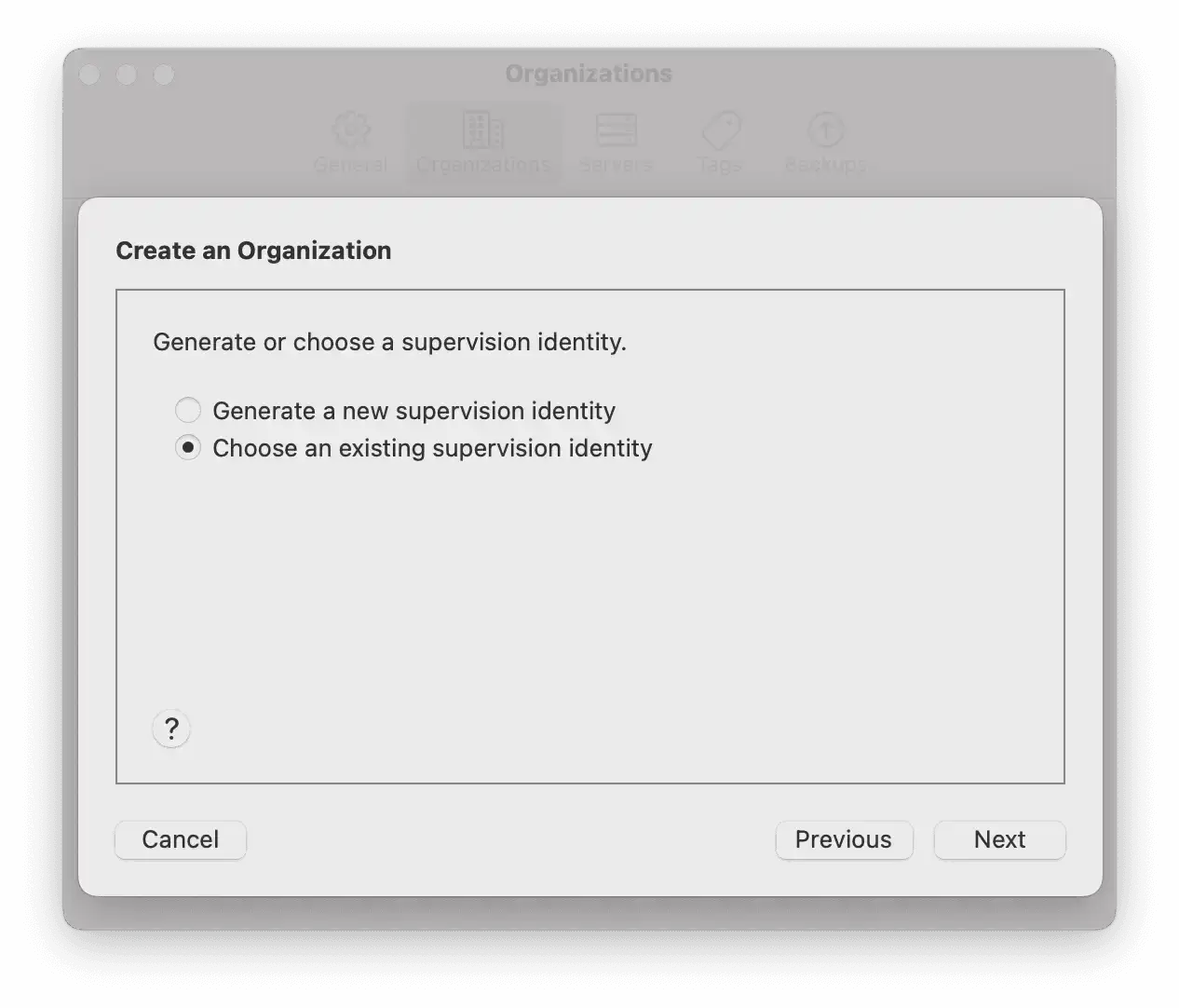 Apple Configurator organization creation with existing supervisor identity selection