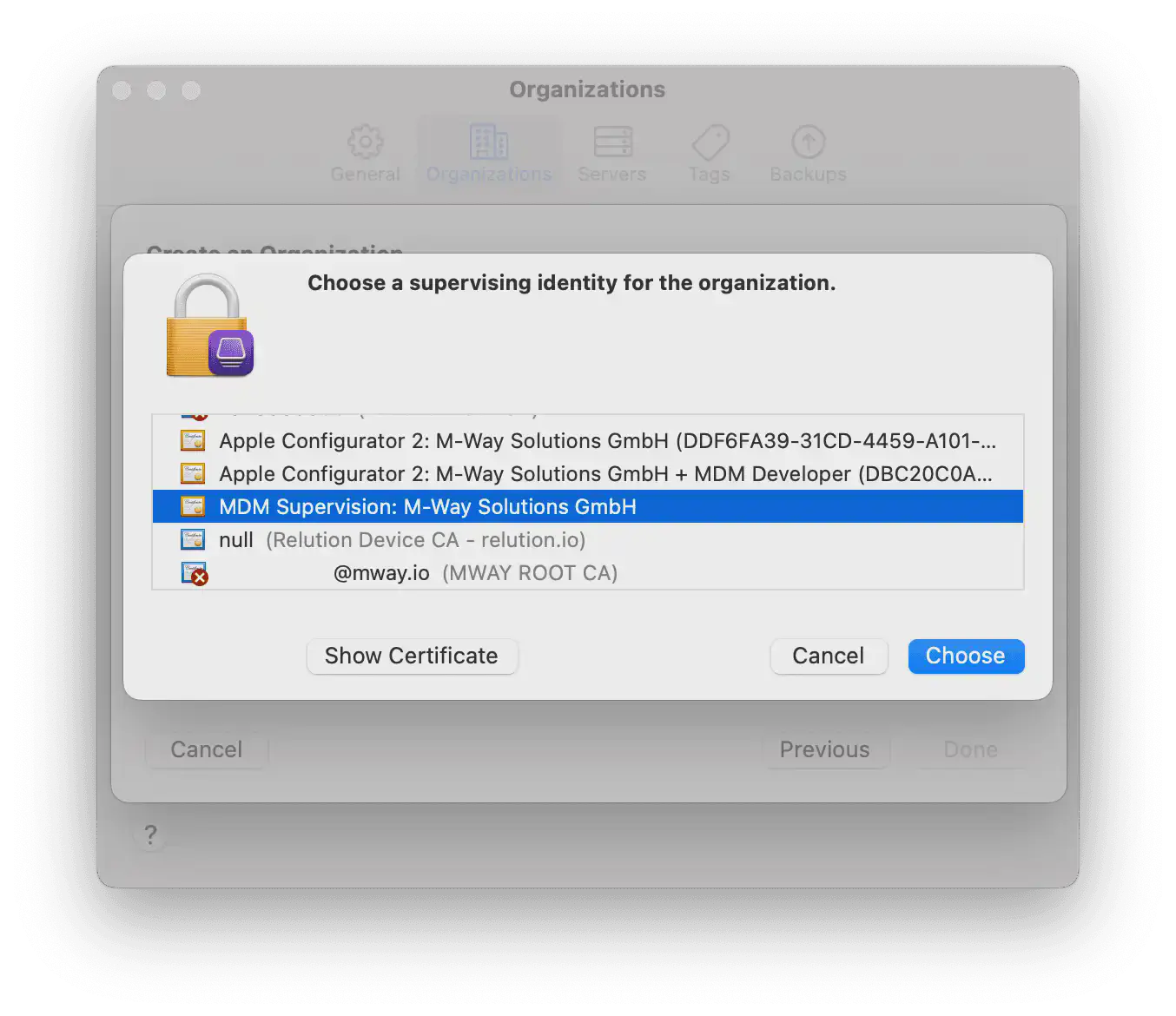 Apple Configurator Supervisor Identities dialog showing Relution certificate available for selection