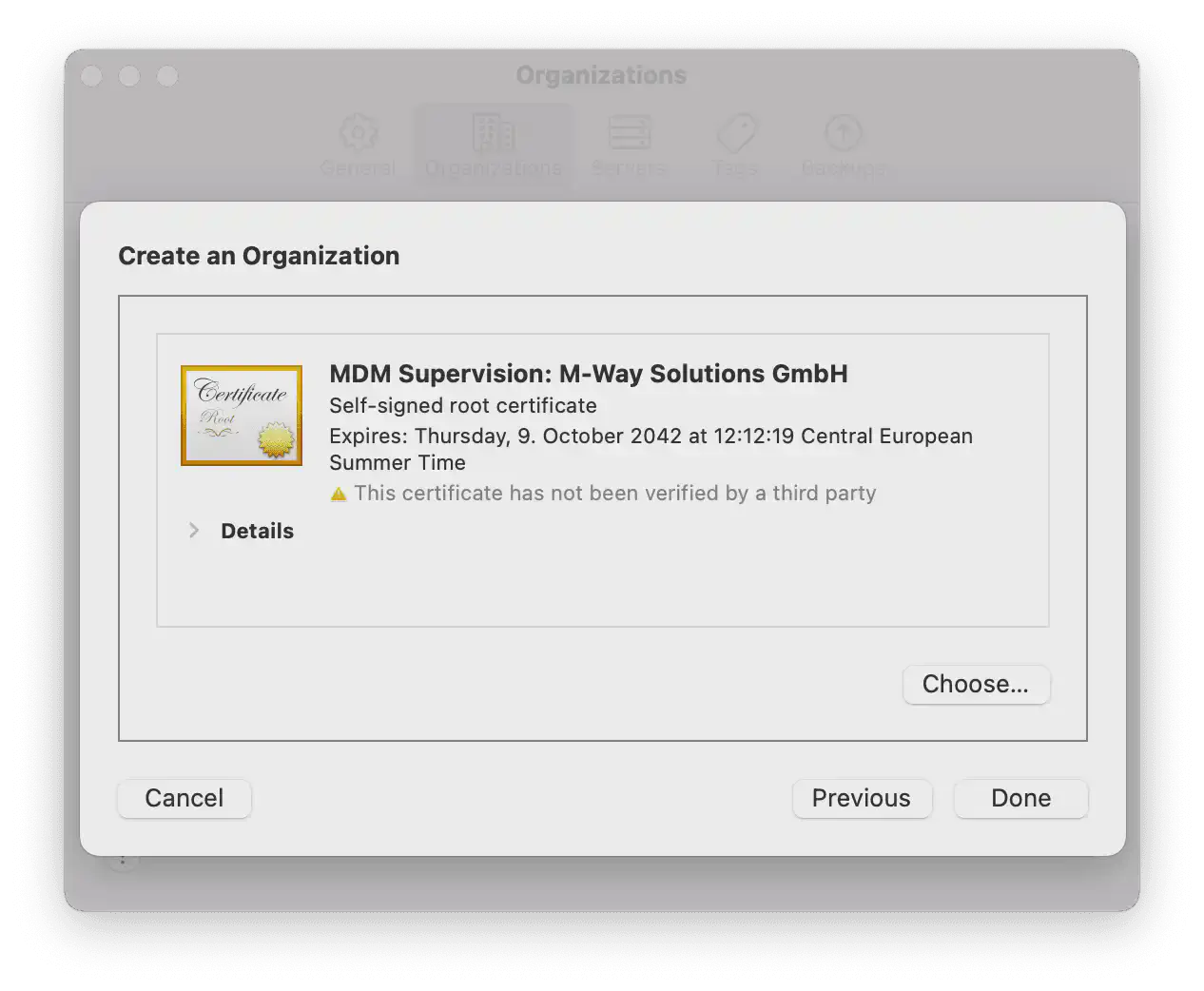 Apple Configurator organization creation confirmation before unlocking device
