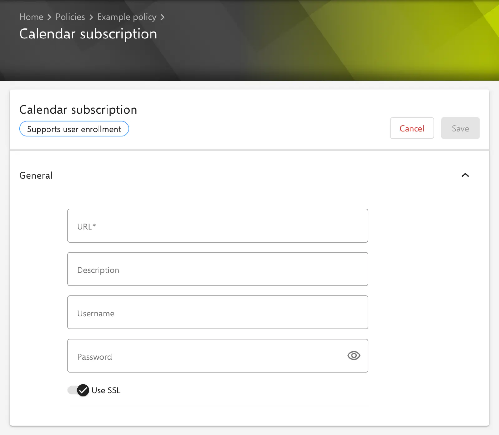 Calendar subscription form in the Relution portal