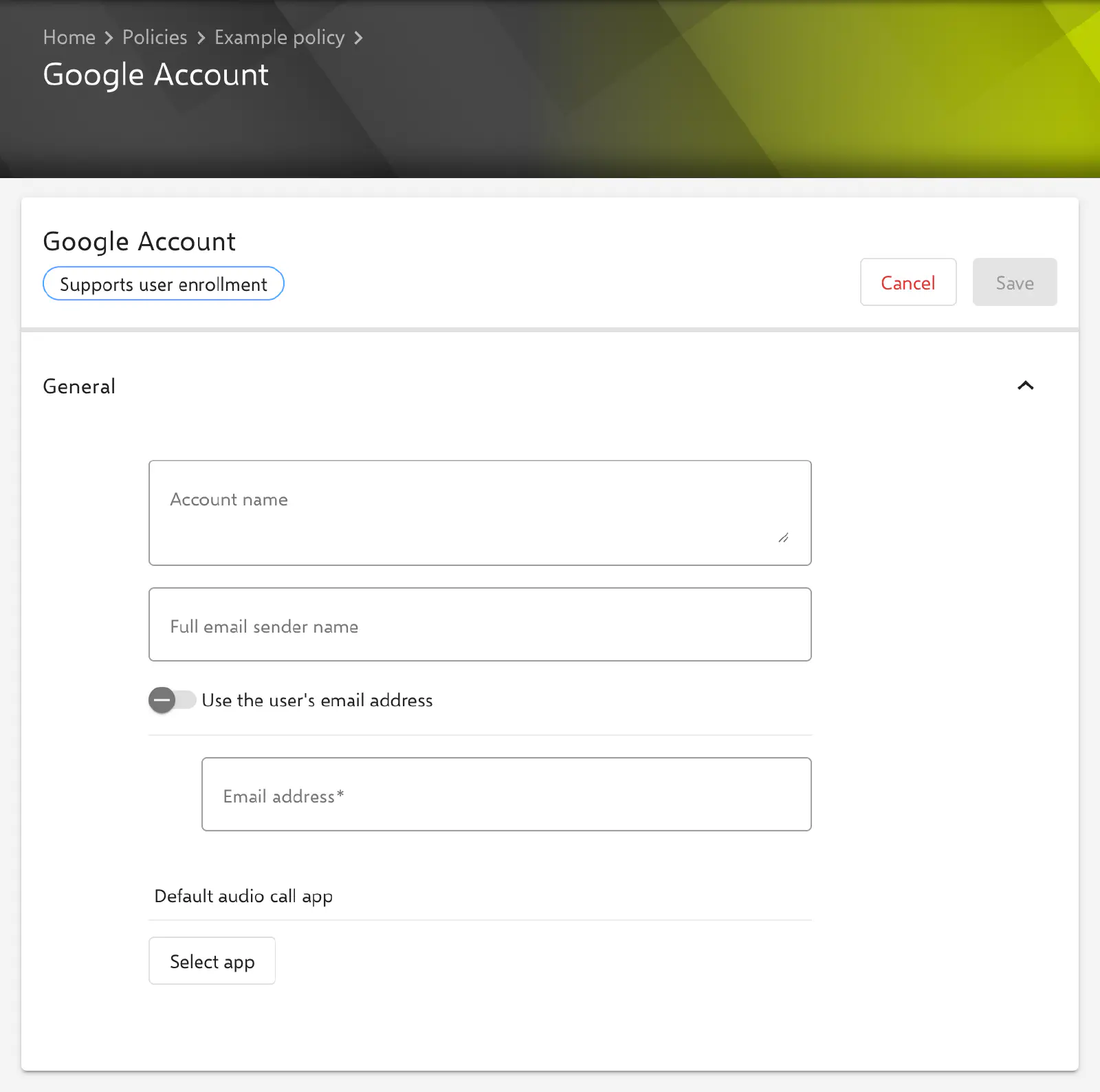 Google Account form in the Relution portal