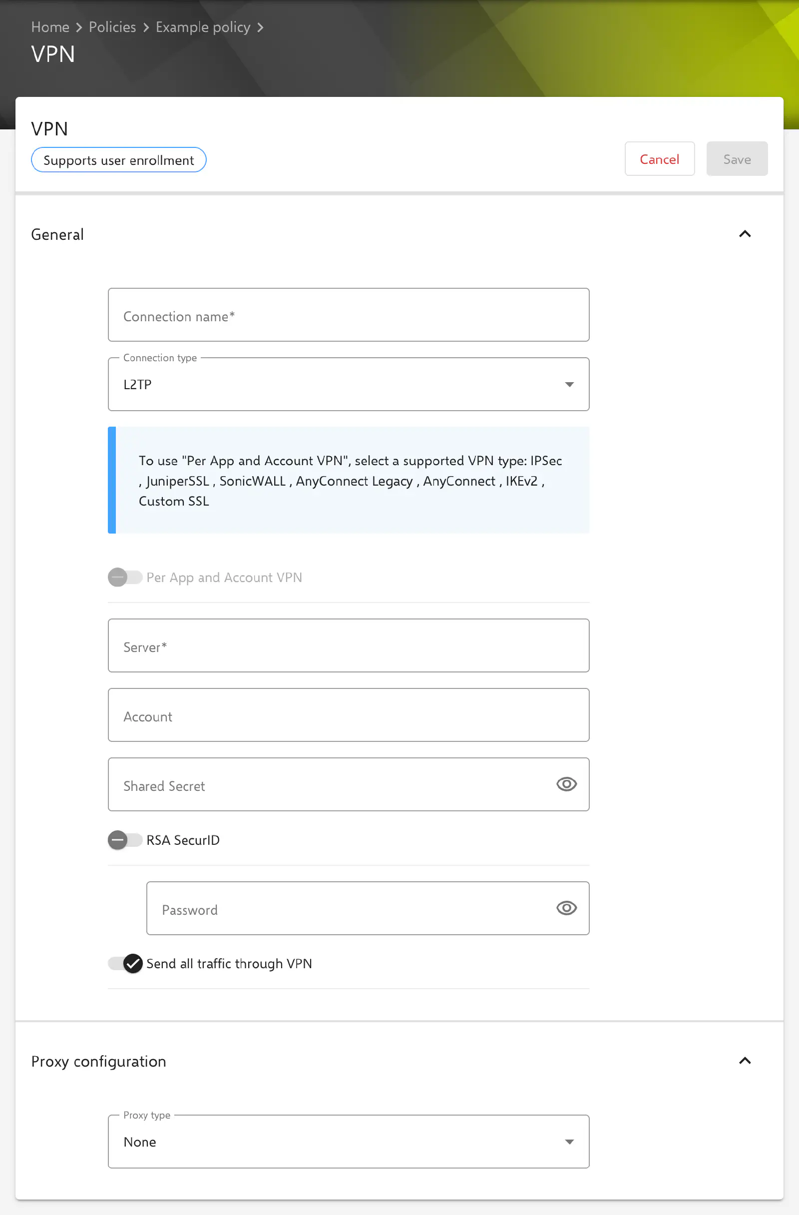 VPN form in the Relution portal