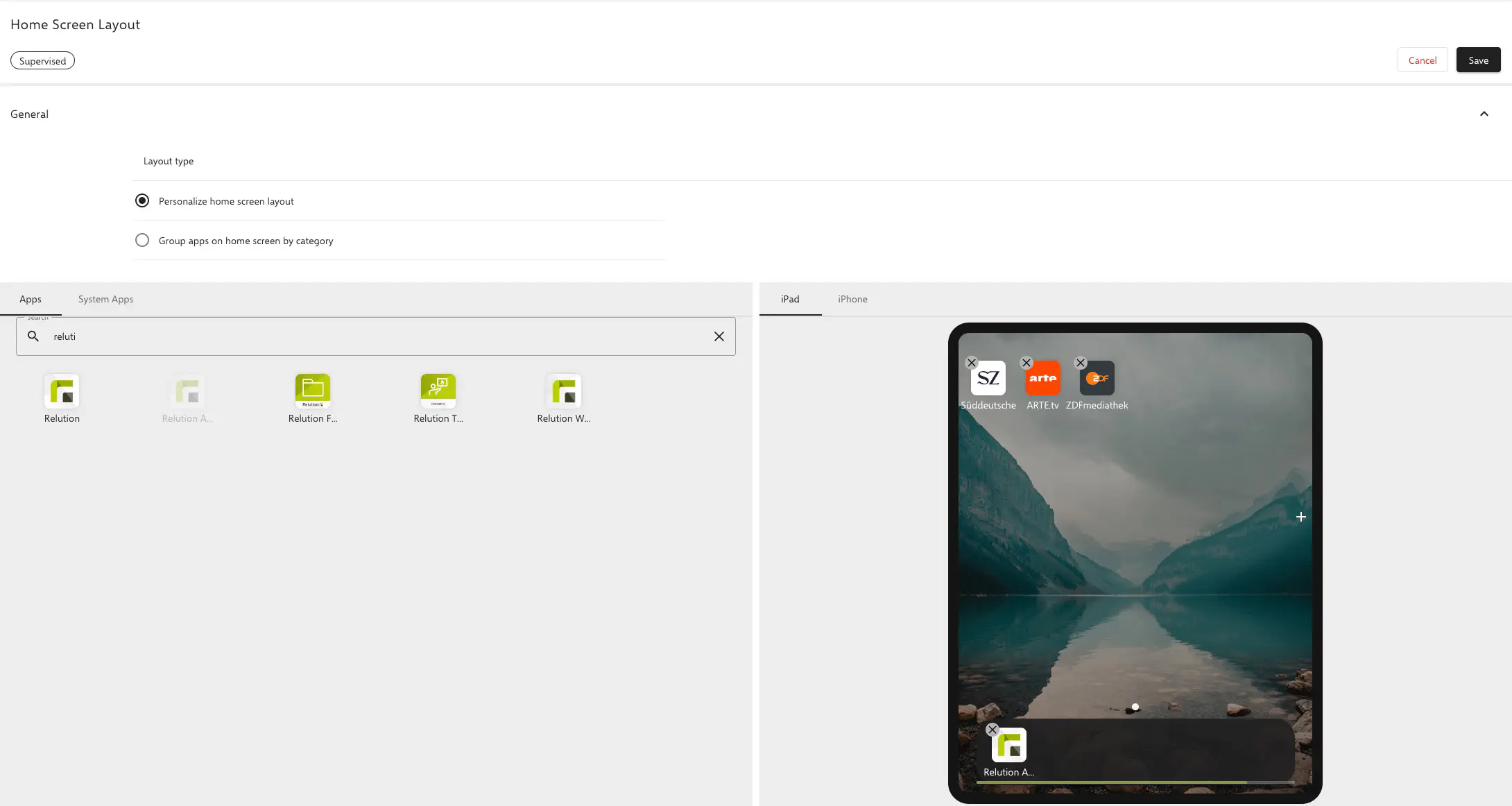 Configuration de la disposition de l’écran d’accueil iOS avec liens web dans Relution