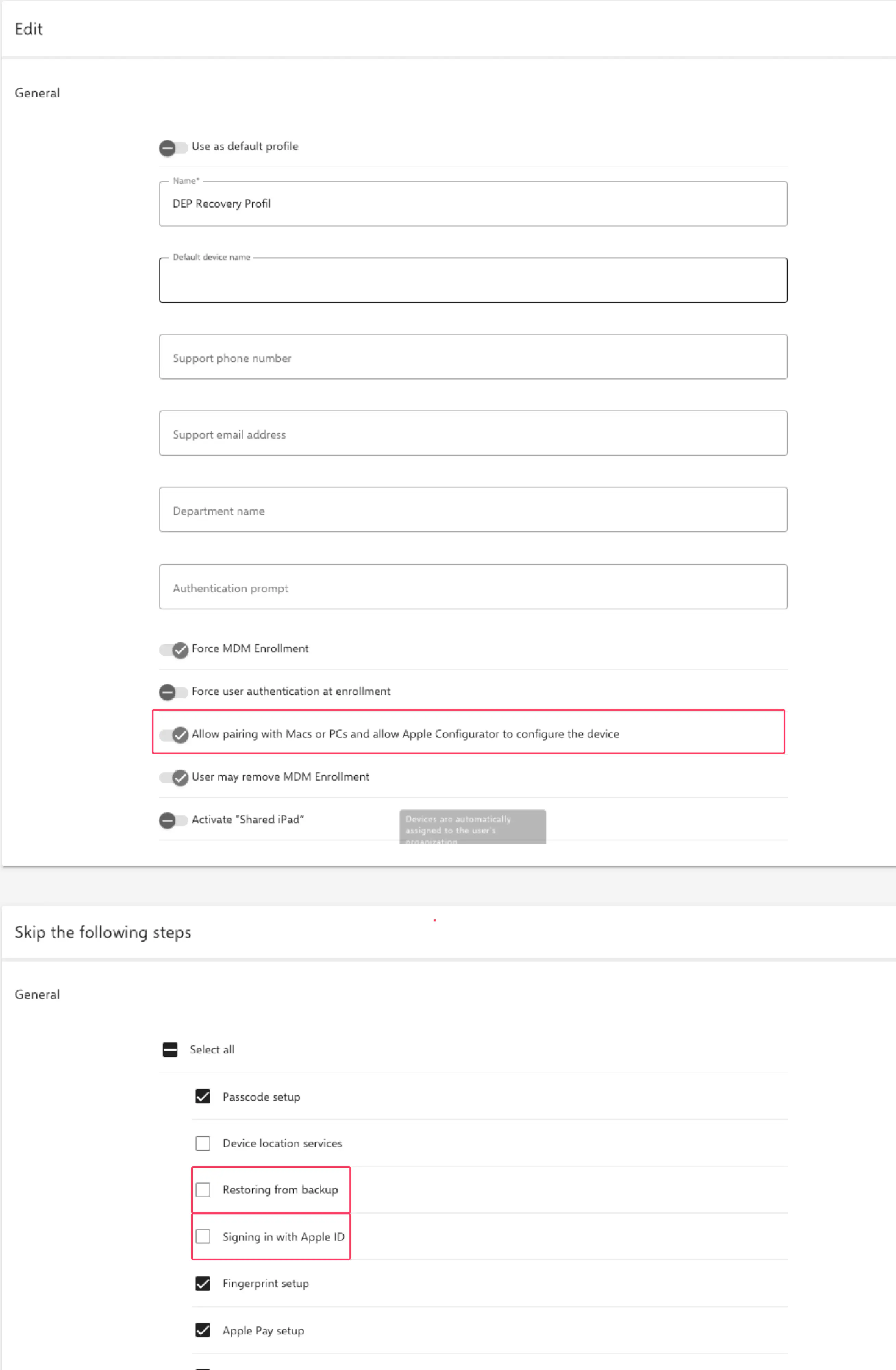 DEP profile configuration showing backup and location settings in Relution