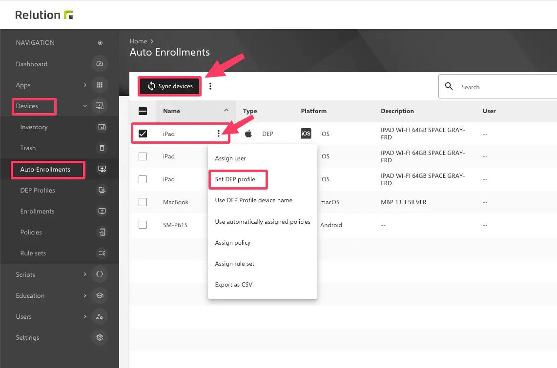 Relution Auto Enrollment screen with Synchronize DEP Devices button and device list