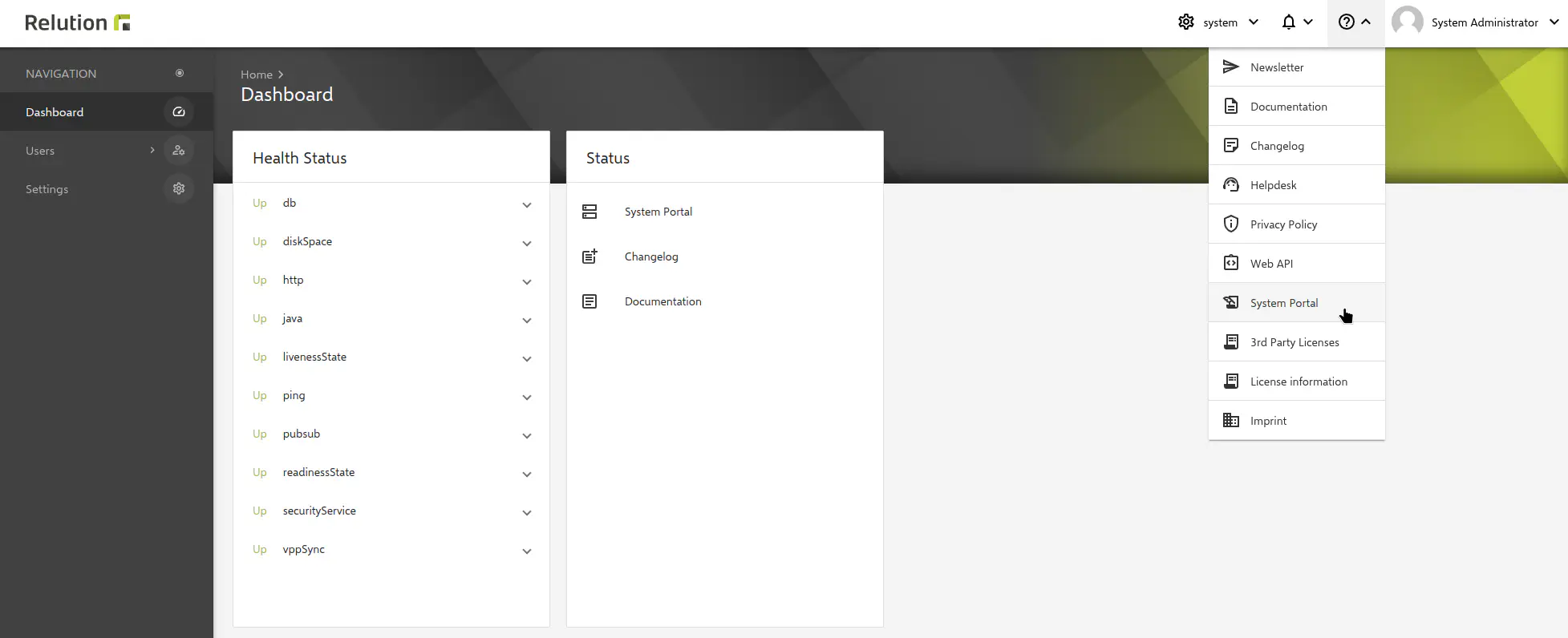 Relution system menu showing System Portal navigation link for admin access