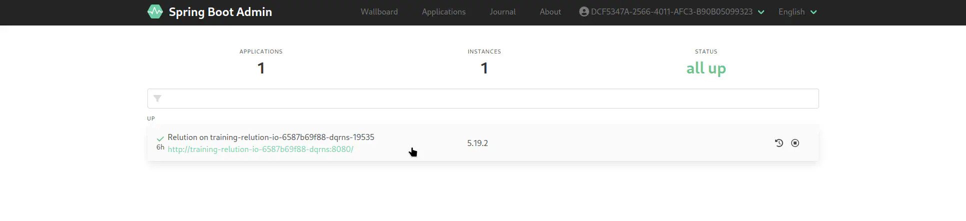 Spring Boot Admin instance selection screen in Relution system portal