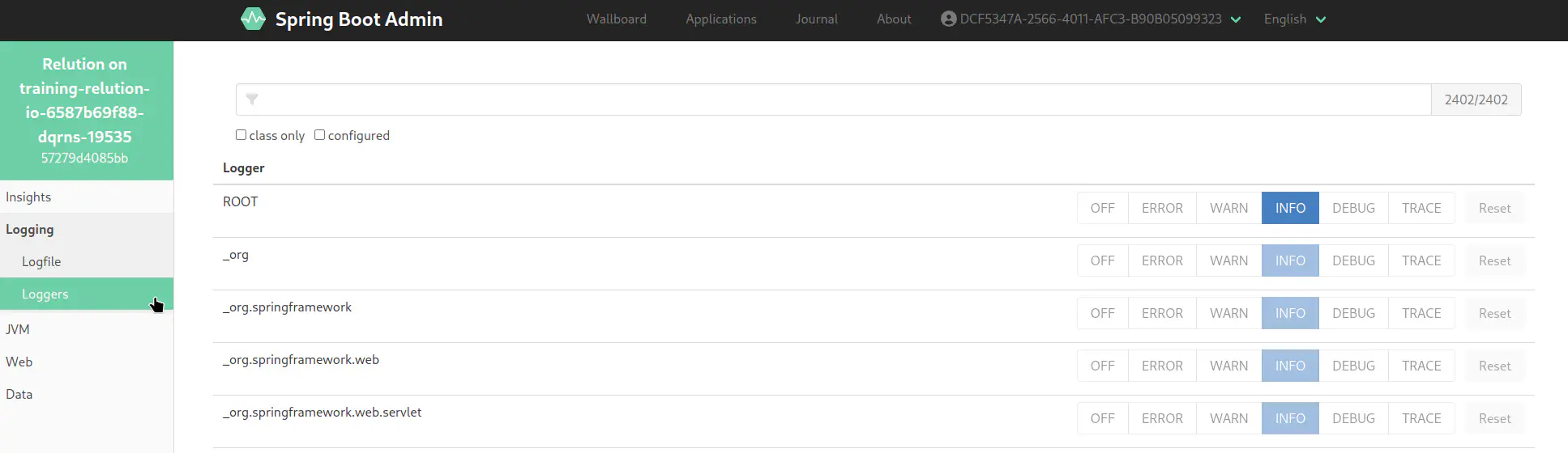 Spring Boot Admin Logger section tab in Relution system portal