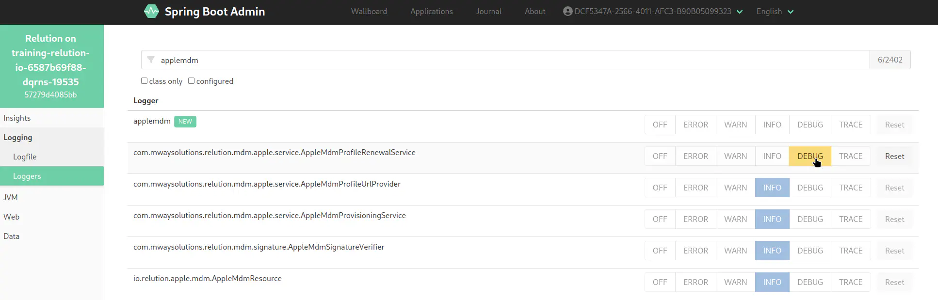Relution system portal Logger list with AppleMDMResource set to DEBUG log level