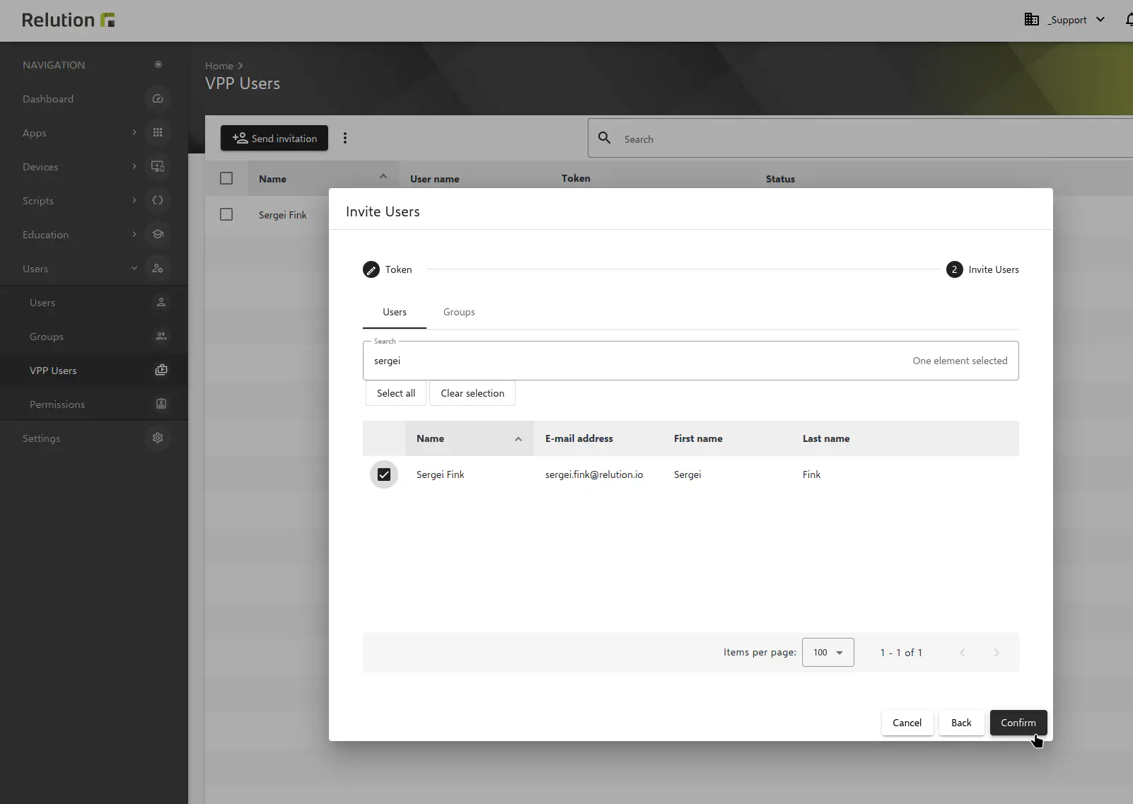 User selection dialog to invite a specific user to VPP in Relution