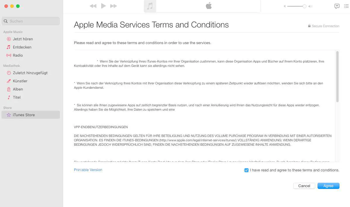 VPP invitation email with link to accept terms in iTunes or Apple Music