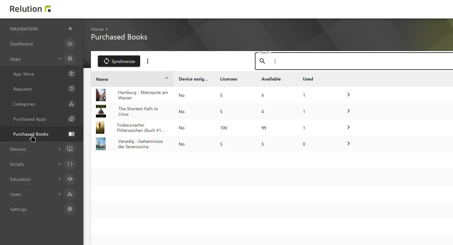 Relution Purchased Books section showing available books for license assignment