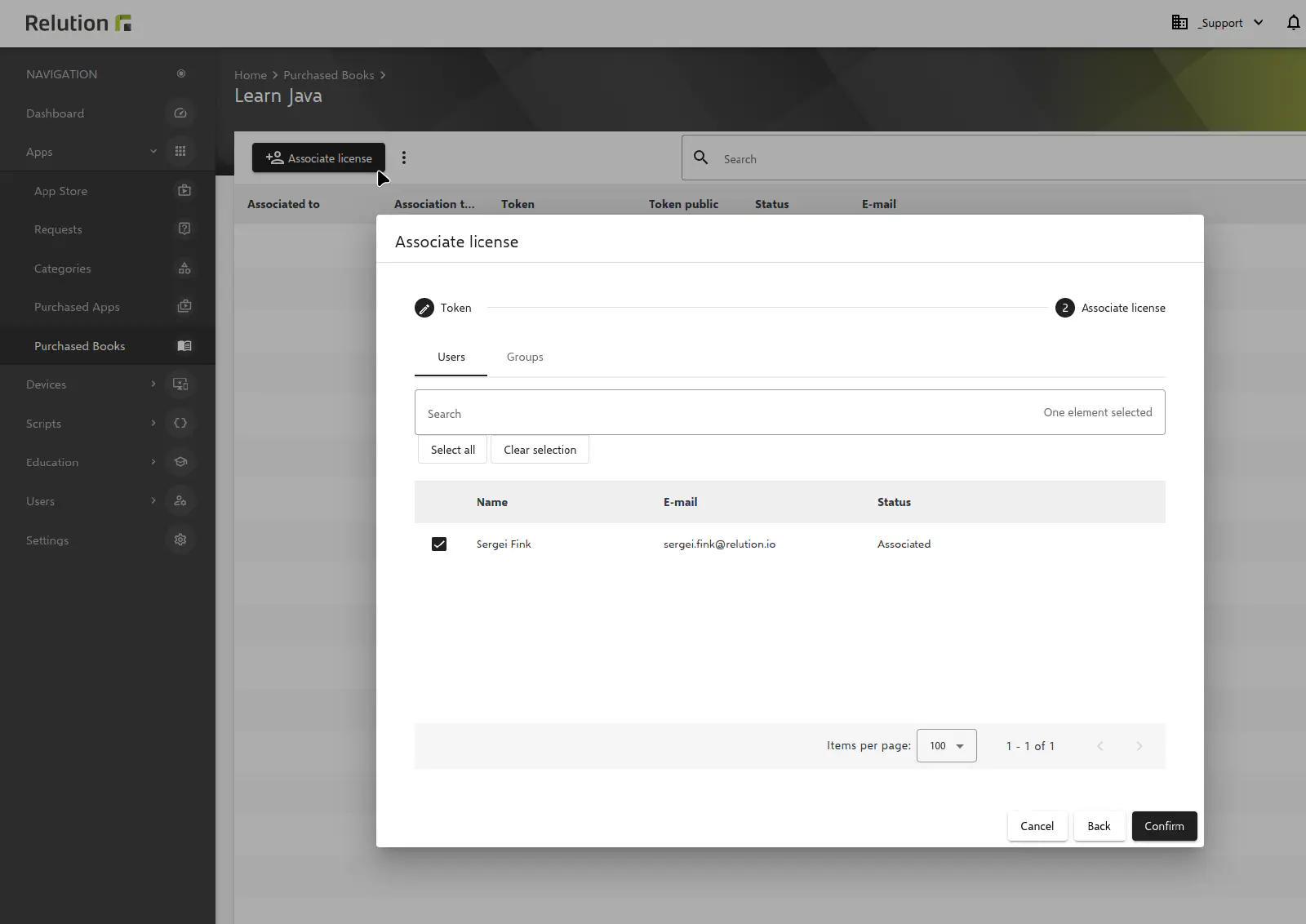 Book license assignment dialog with token selection and user confirmation in Relution