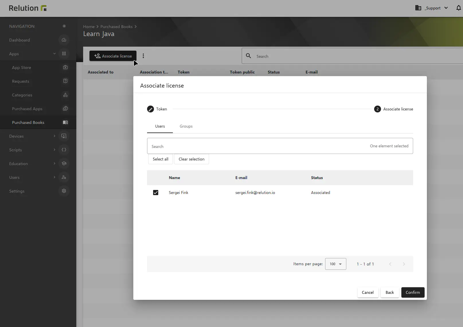 Book license assignment dialog with token selection and user confirmation in Relution