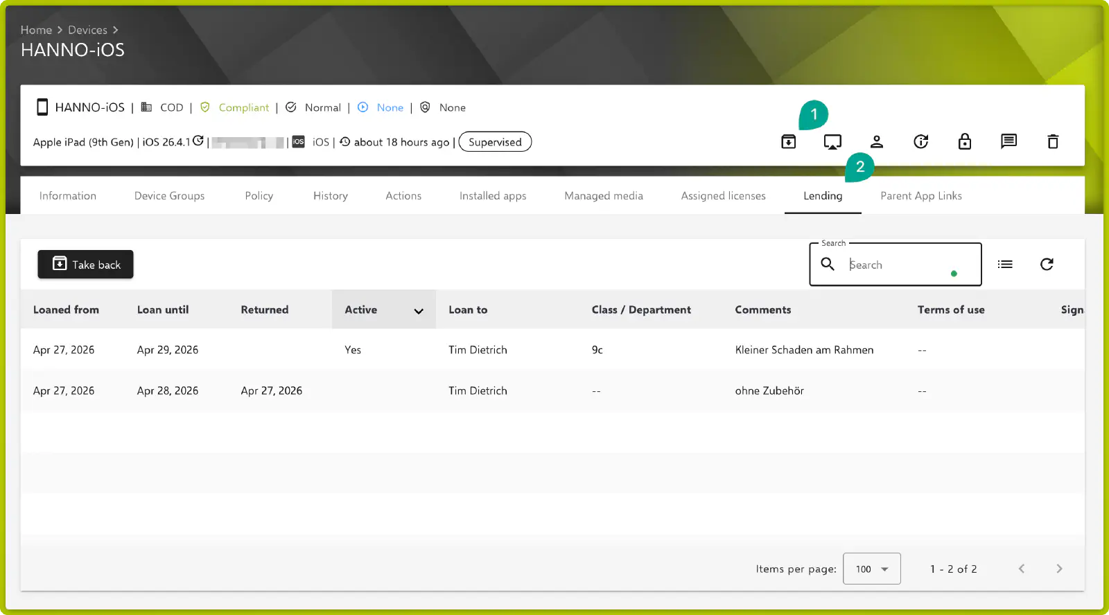 Device details with the lend device shortcut and the lending tab