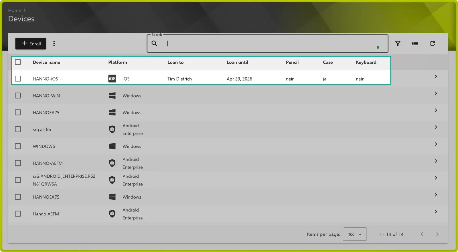 Custom properties shown as columns in the inventory overview