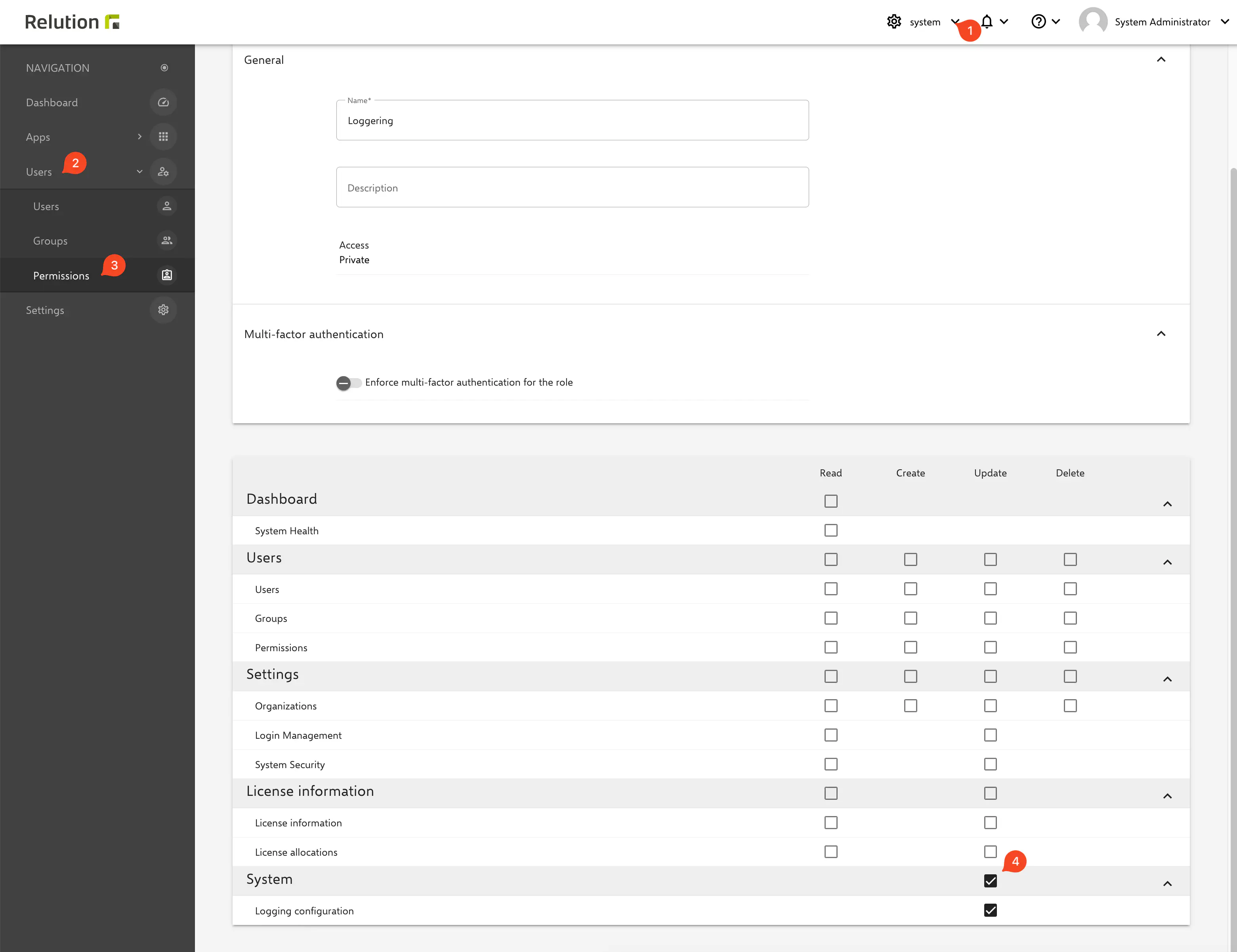 Relution system organization role settings showing System Logging configuration permission option