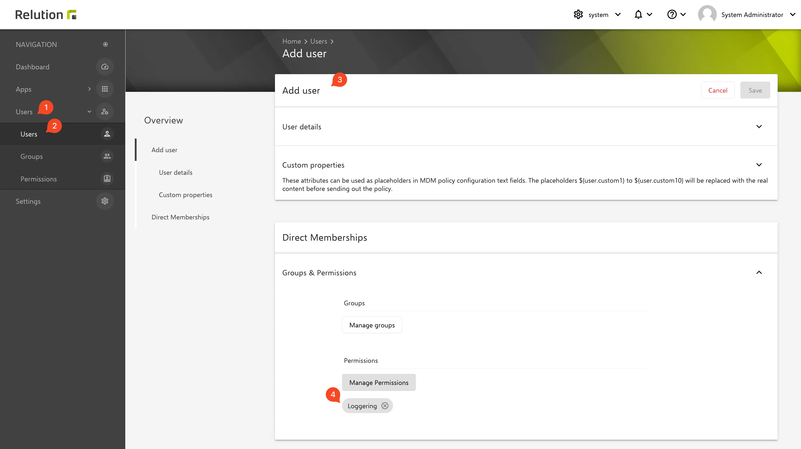 Relution user creation form for dedicated logging user with role assignment