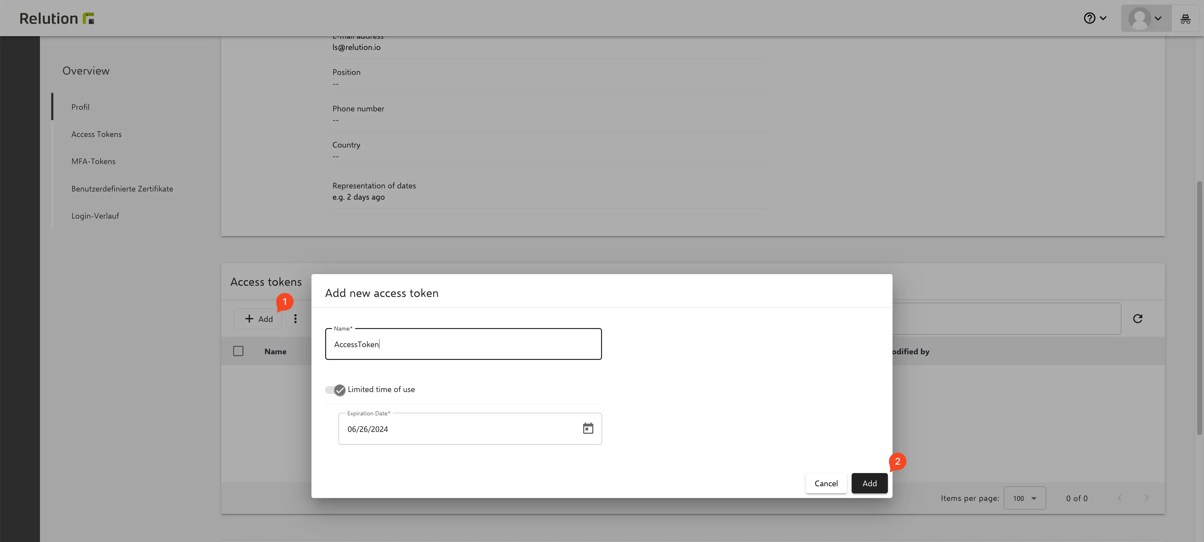 Relution user profile showing access token creation option for API authentication