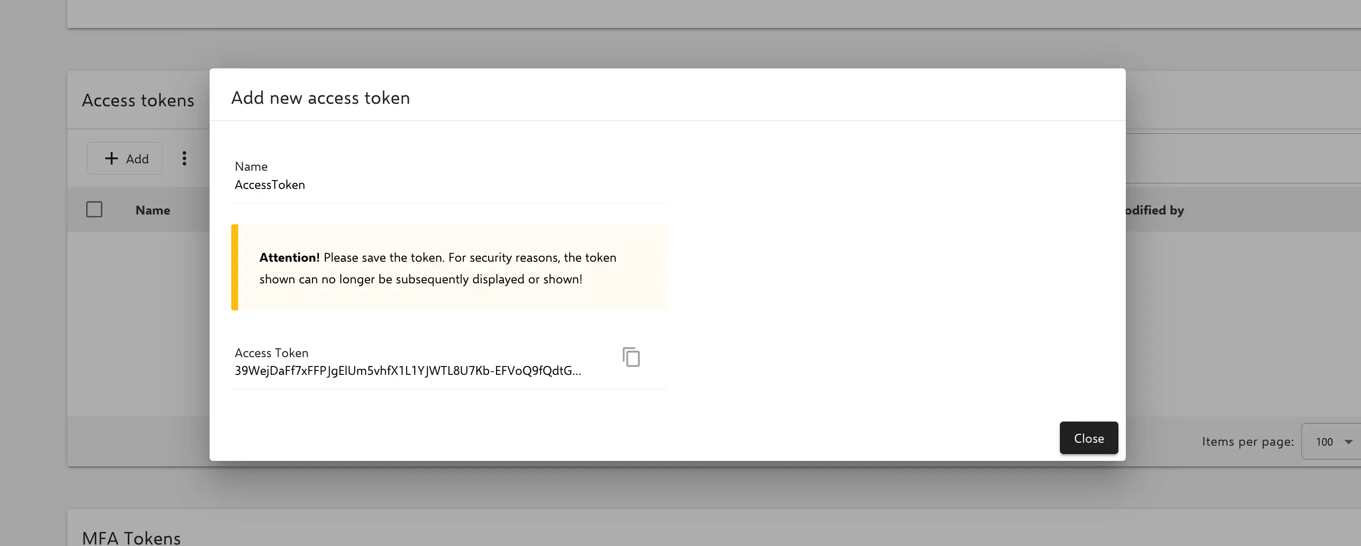 Relution access token display shown once after creation with copy option