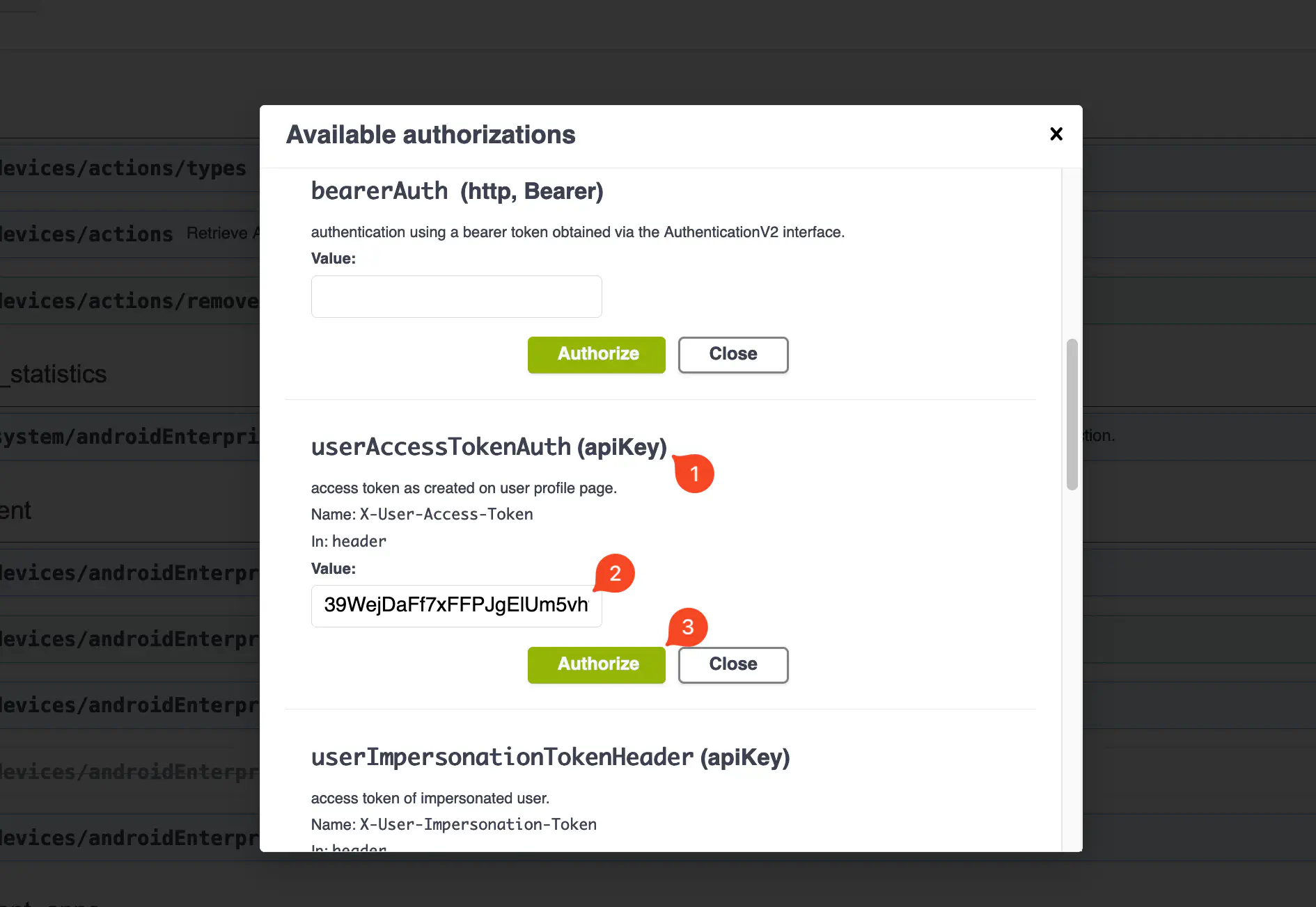 Relution Web API logging endpoint showing logger name and log level selection fields