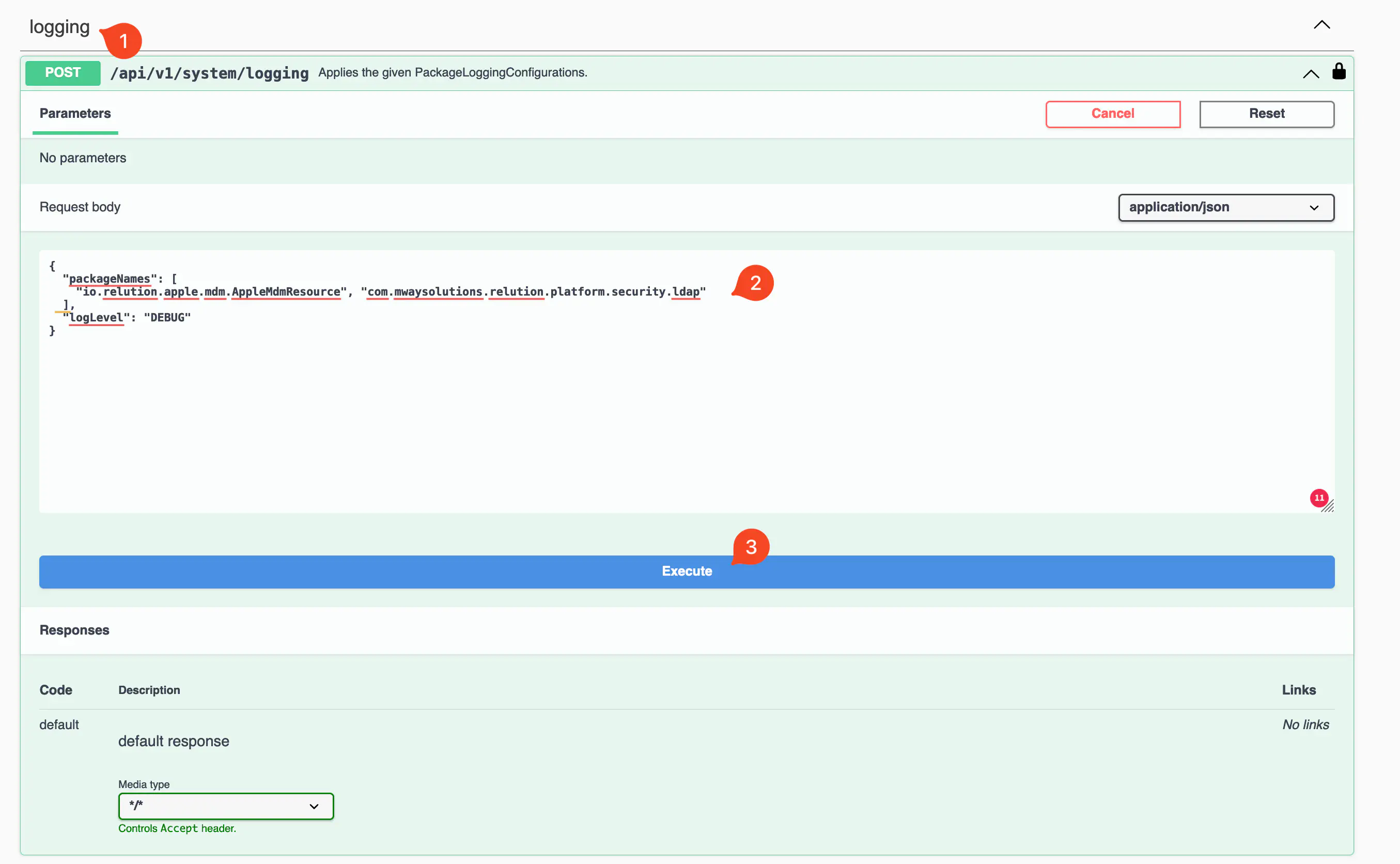 Relution Web API logging endpoint confirming 204 success response with curl command