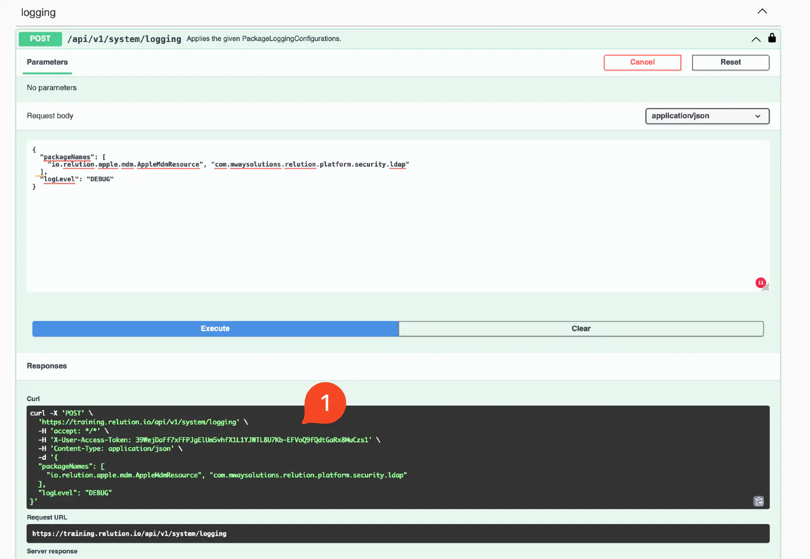 Commande curl générée par l’API Web pour contrôler le niveau de journalisation