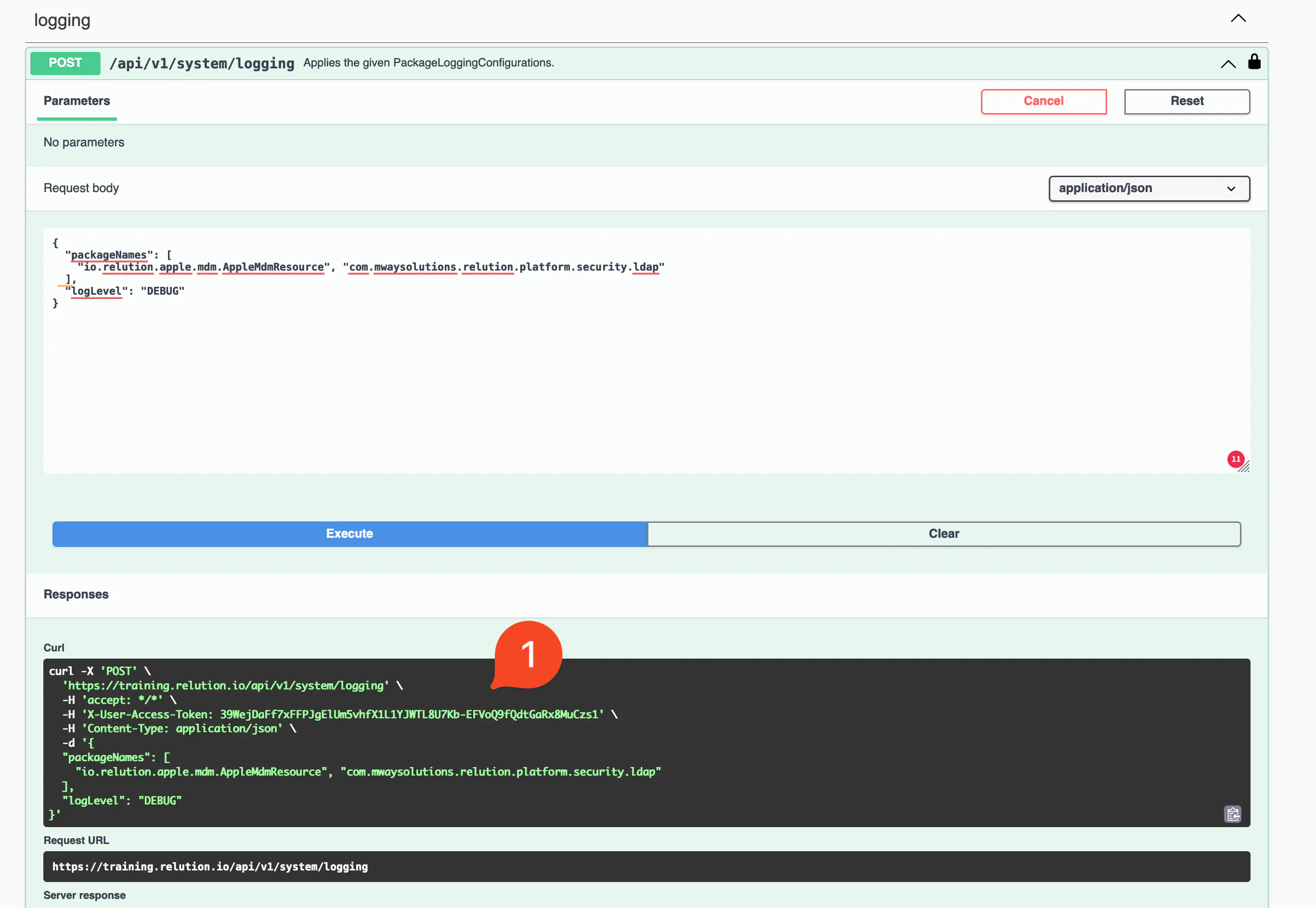 Relution Web API logging reset endpoint for restoring default log settings