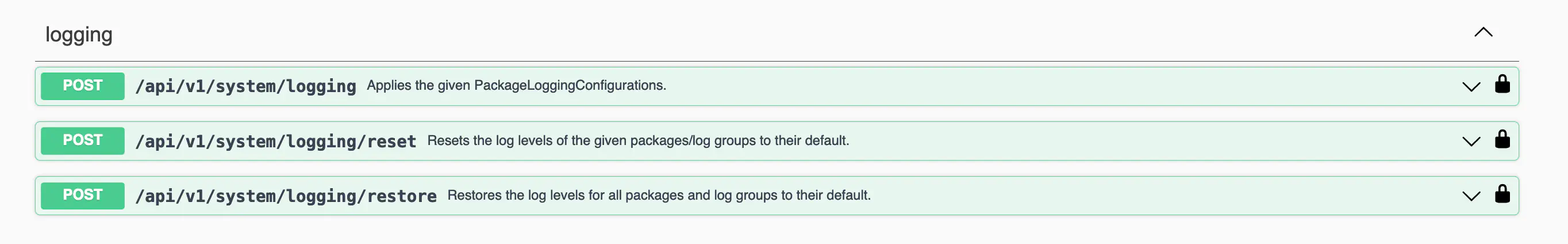 Relution Web API showing logging reset and restore endpoint for default settings