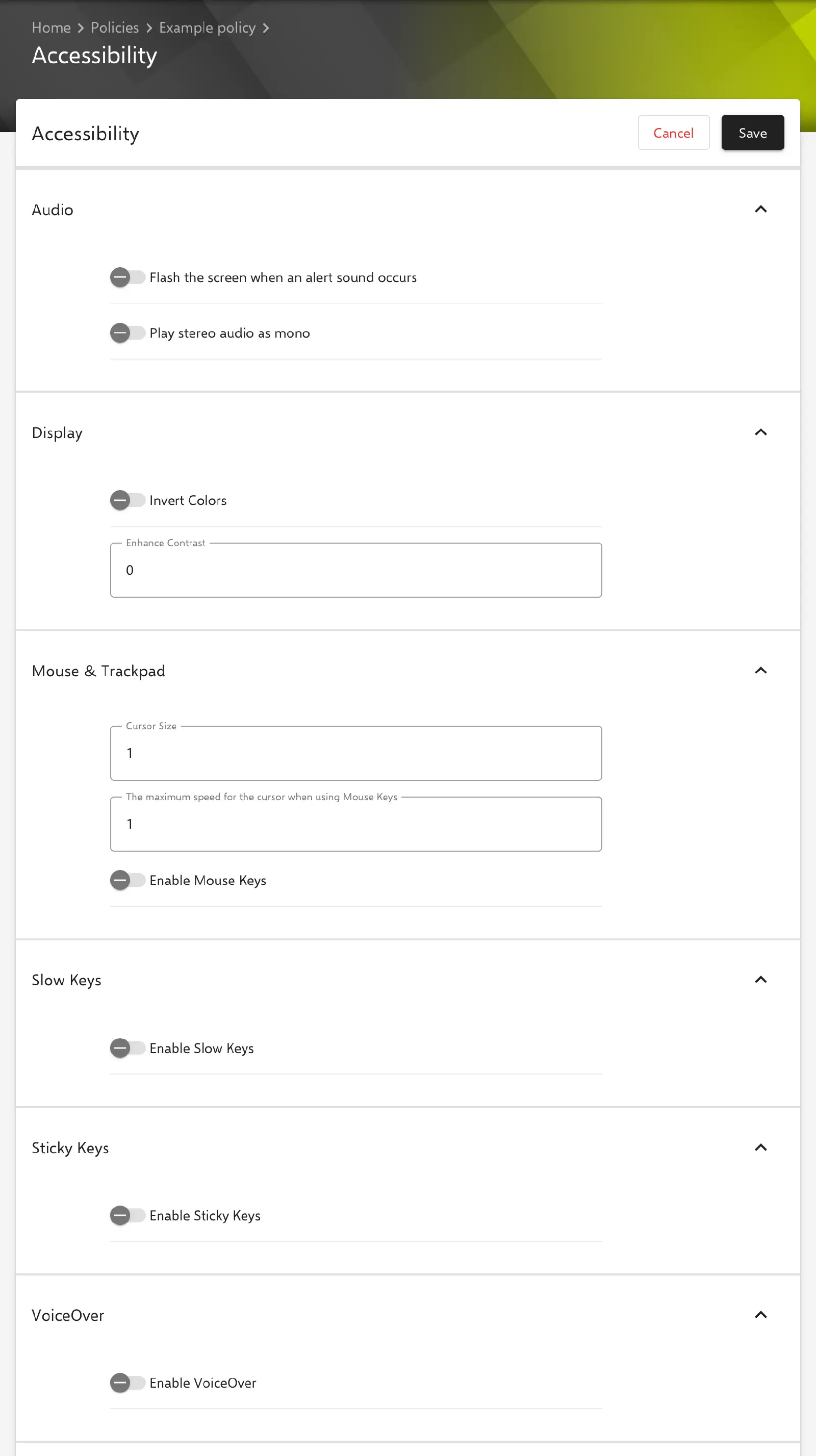 Accessibility form in the Relution portal