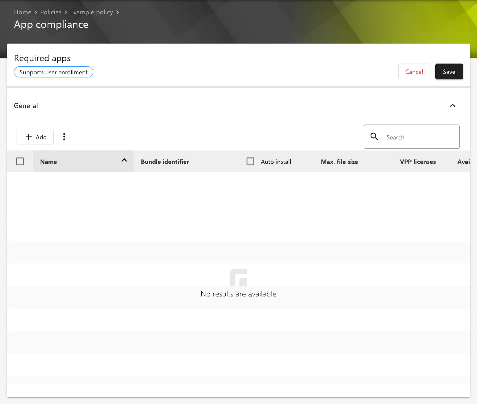App compliance form in the Relution portal