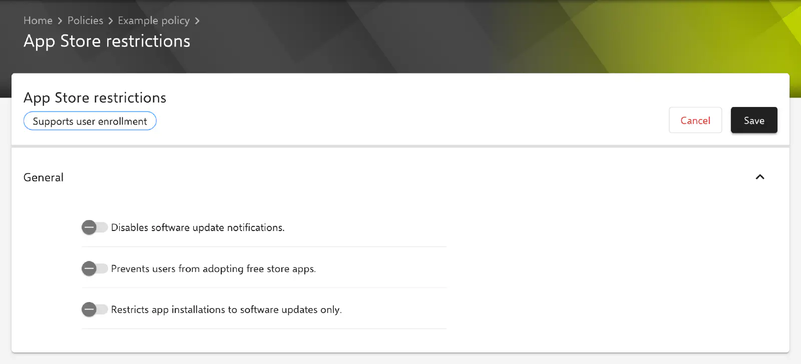 Formulaire Restrictions relatives à l’App Store dans le portail Relution