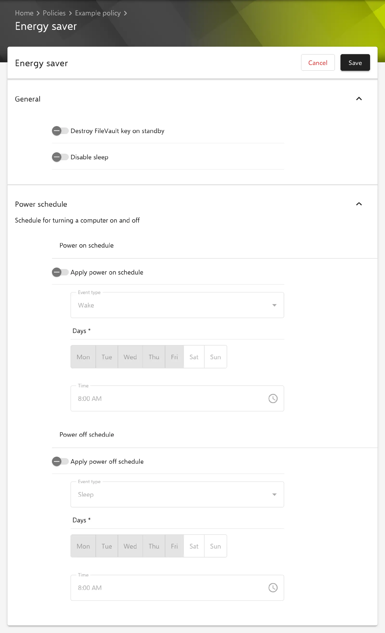 Energy saver form in the Relution portal